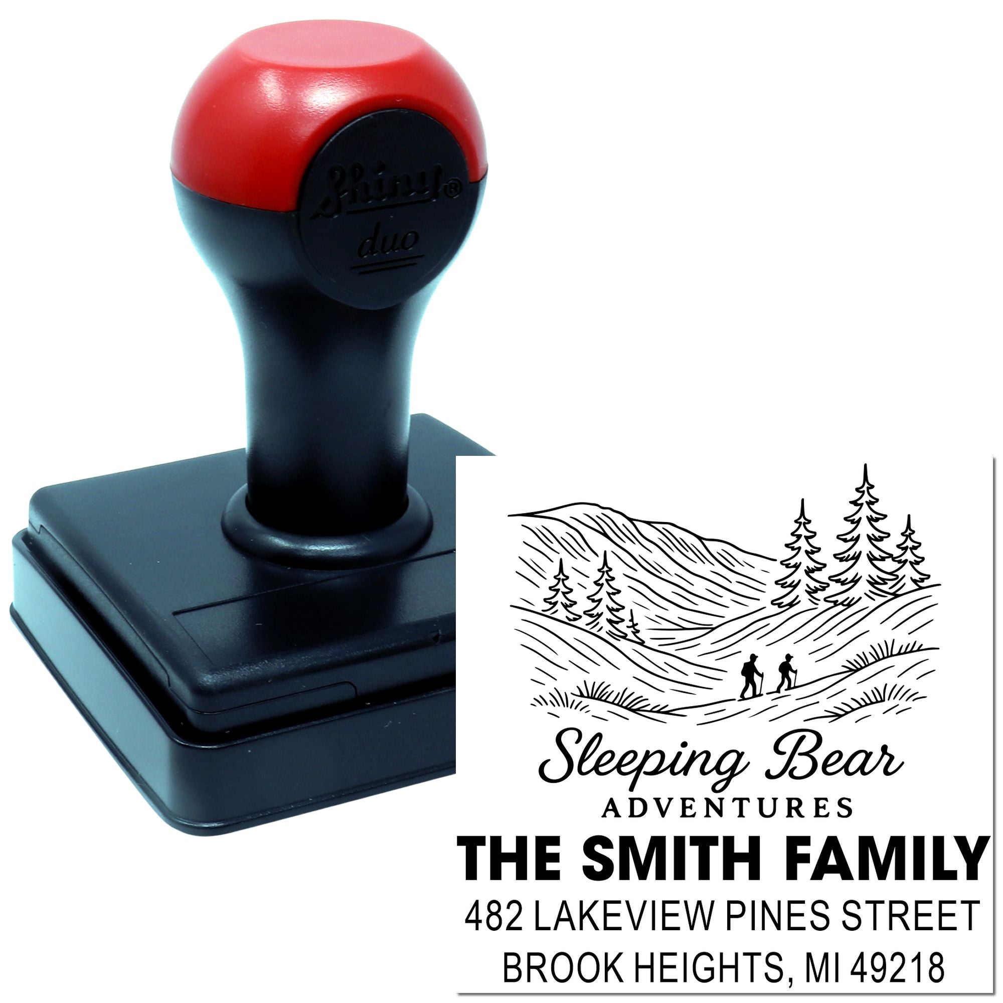 Custom self-inking rubber stamp with Sleeping Bear Adventures logo and personalized family address imprint for The Smith Family.