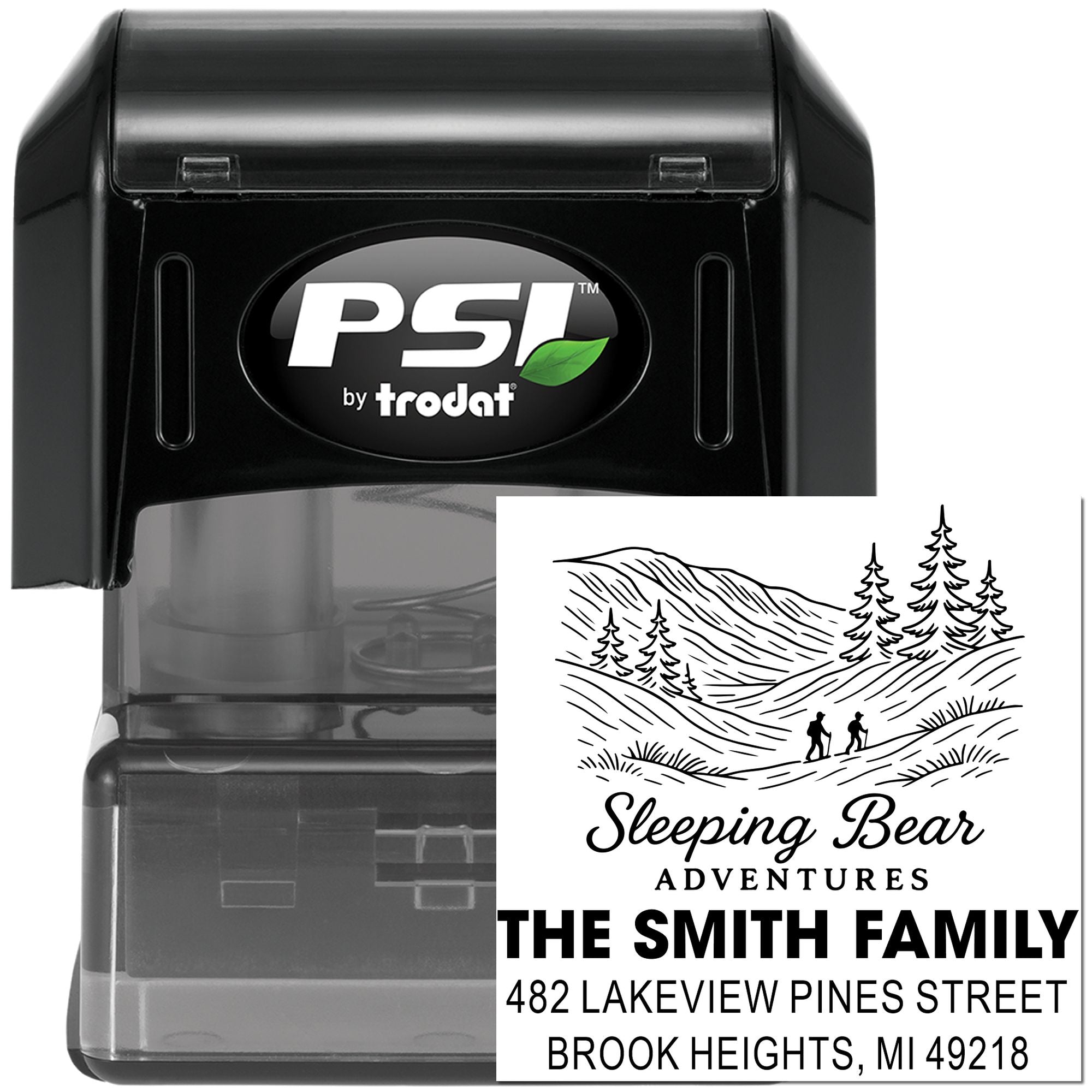 Custom self-inking return address rubber stamp by PSI Trodat with Sleeping Bear Adventures family logo and address