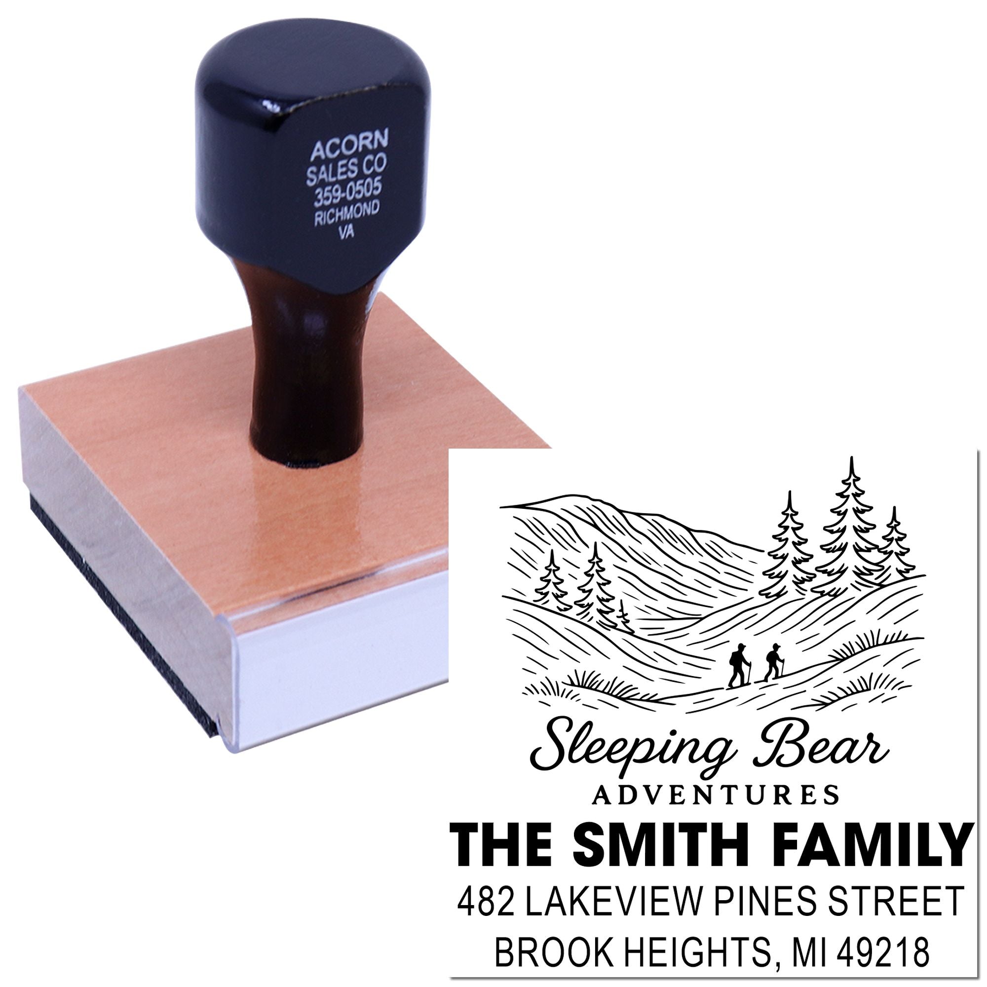 Personalized rubber address stamp with Sleeping Bear Adventures logo and Smith family mailing address