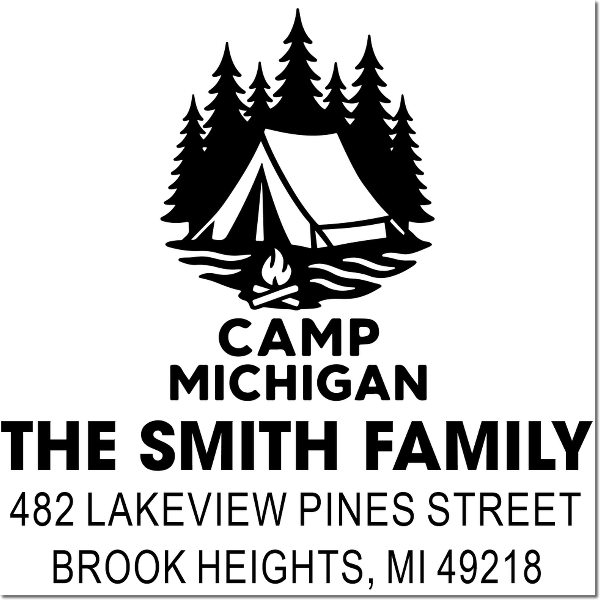 Custom Camp Michigan return address rubber stamp with tent, pine trees, campfire, and The Smith Family address in Brook Heights, MI.