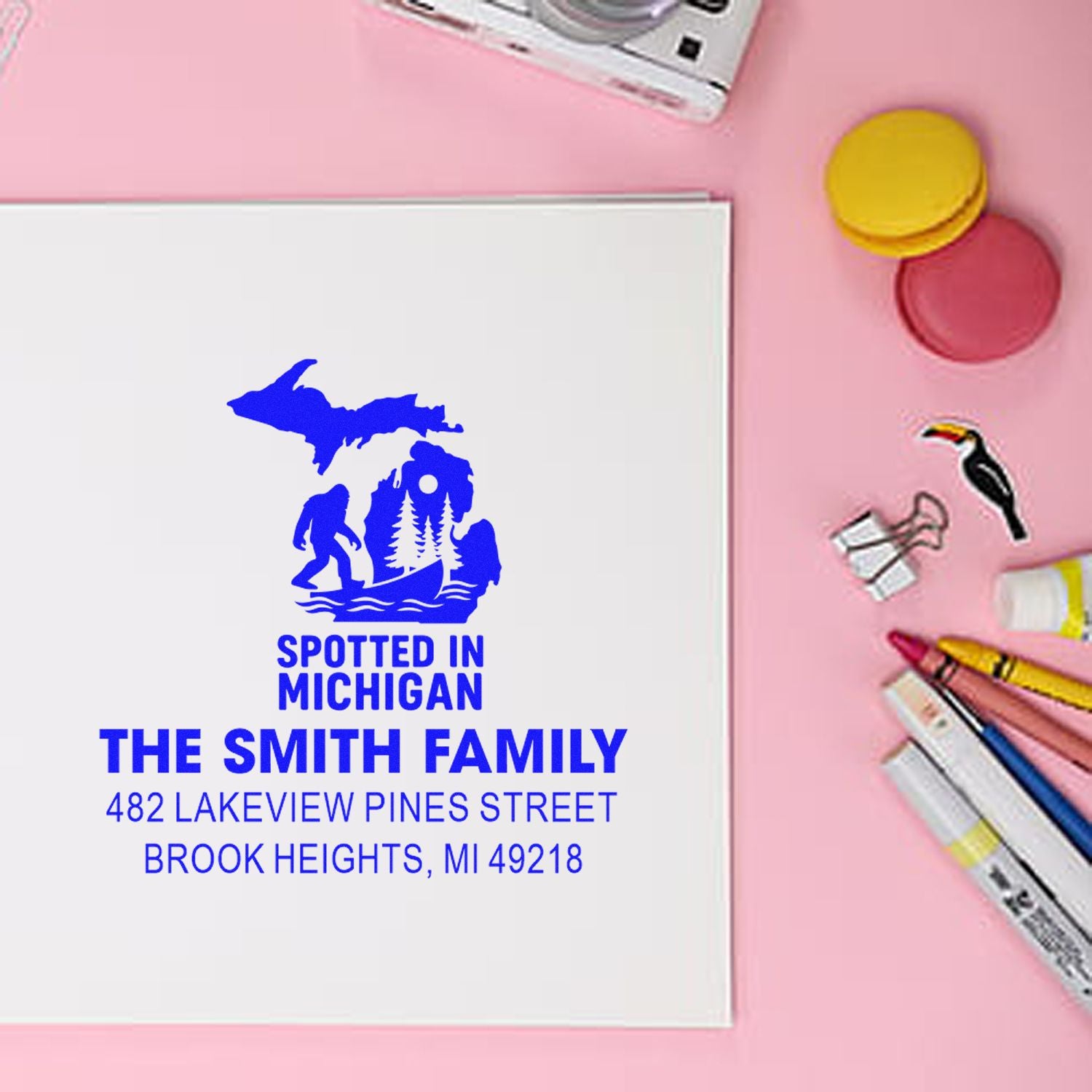 Custom rubber address stamp for The Smith Family in Brook Heights, MI, featuring a Spotted in Michigan design.