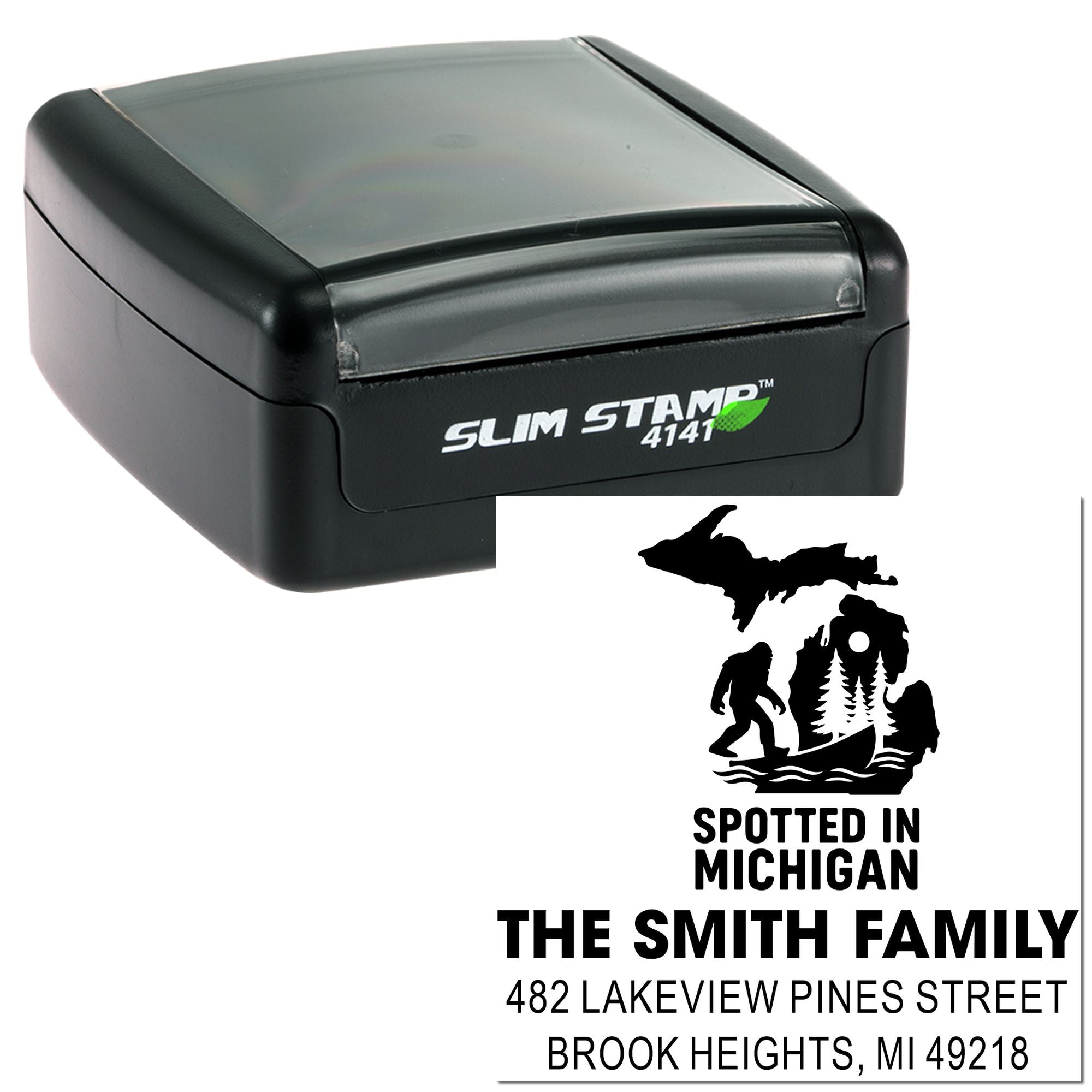 Custom self-inking rubber address stamp with Michigan family return address design, Slim Stamp 4141.