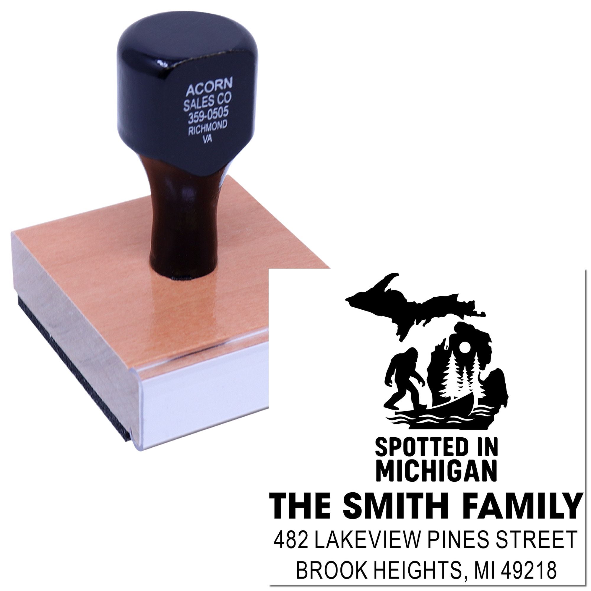 Custom rubber stamp with Spotted in Michigan family address design for personalized stationery and branding.
