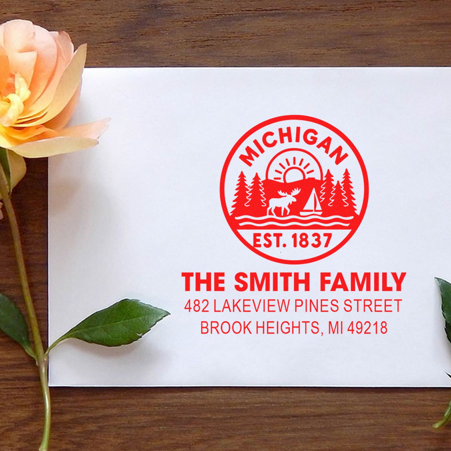 Custom return address rubber stamp for The Smith Family, Brook Heights, MI, with Michigan lake and wildlife logo.