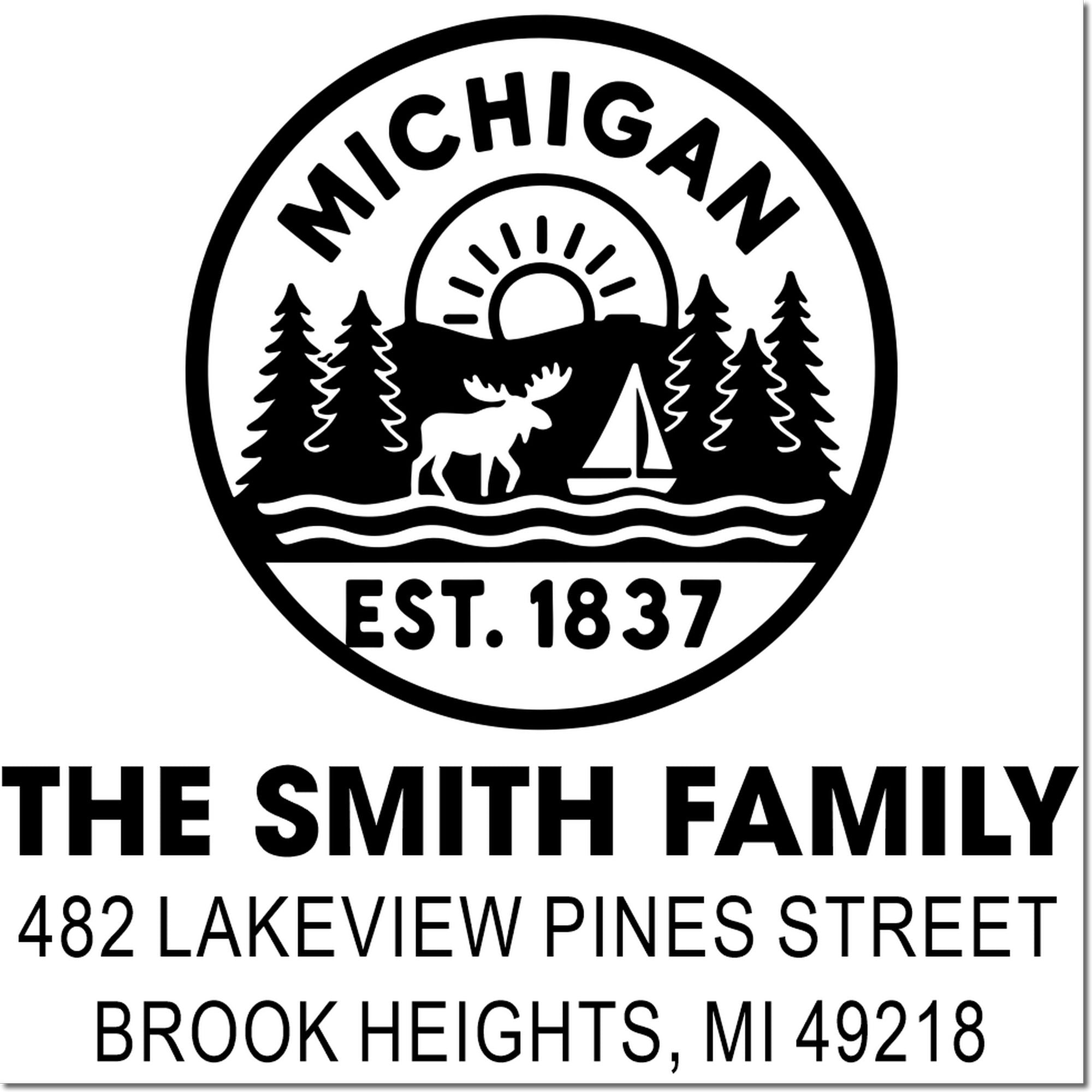 Custom family address rubber stamp with Michigan wildlife logo, The Smith Family, 482 Lakeview Pines Street, Brook Heights, MI 49218.