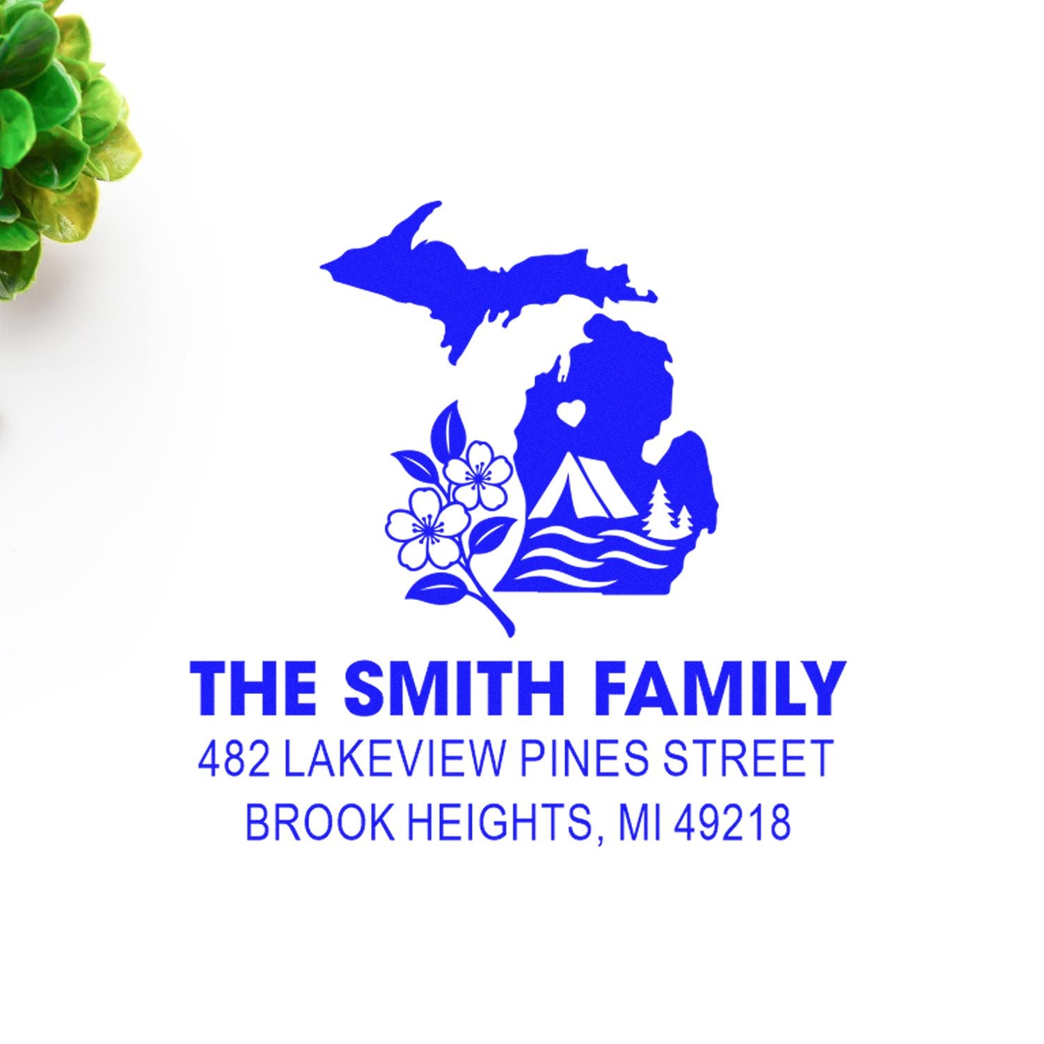 Custom Michigan family address rubber stamp with campsite and floral design for The Smith Family, Brook Heights, MI