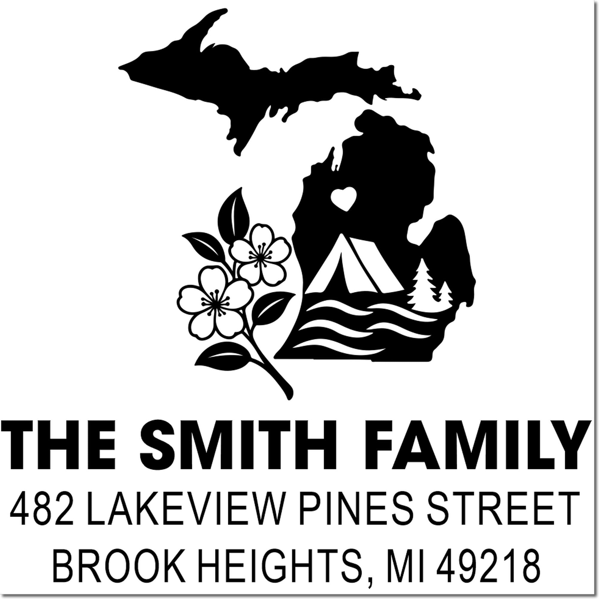 Personalized Michigan family return address rubber stamp with camping design for The Smith Family, Brook Heights, MI 49218.