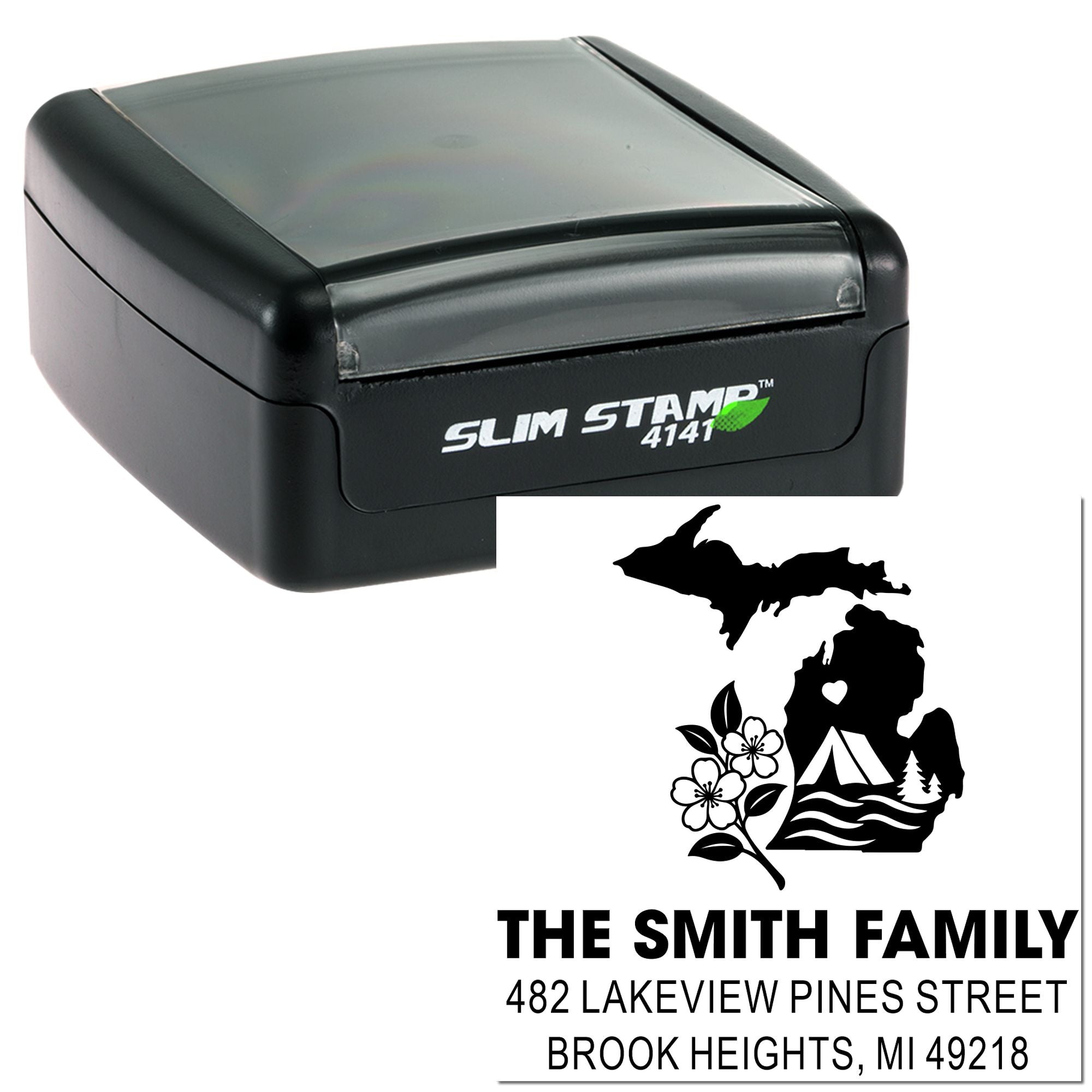 Custom self-inking rubber address stamp with Michigan camping family design and Slim Stamp 4141 case.