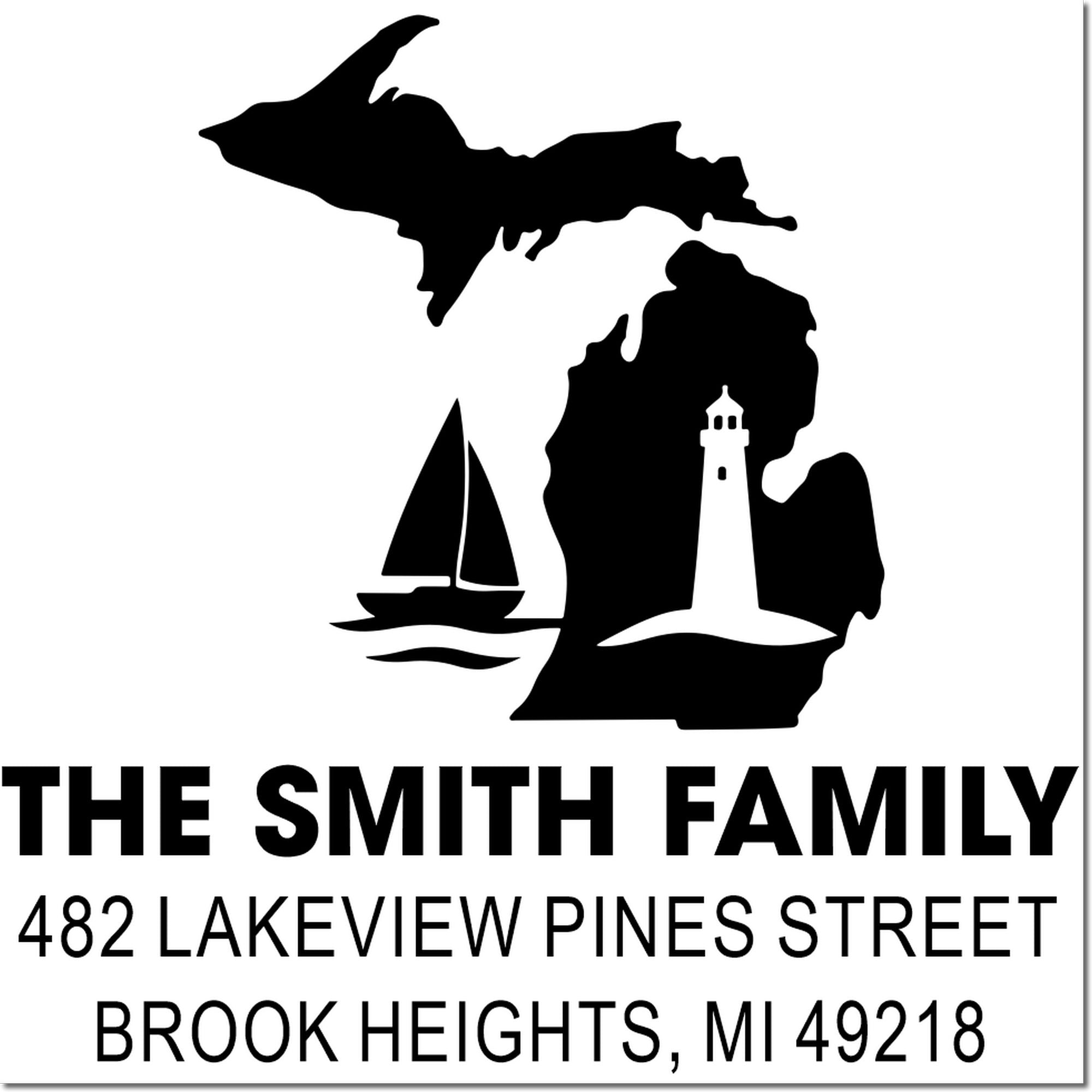 Custom Michigan return address rubber stamp with sailboat and lighthouse for The Smith Family, Brook Heights, MI.