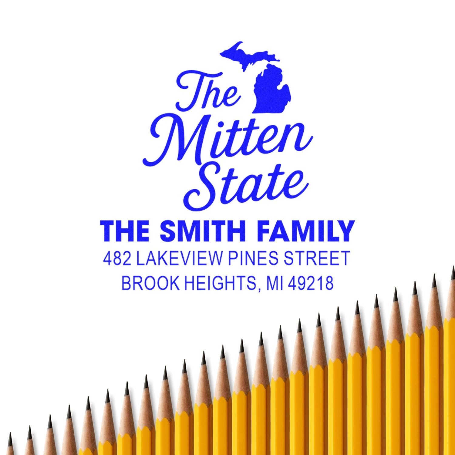 Custom Michigan address rubber stamp for The Smith Family, featuring The Mitten State logo and Brook Heights, MI address.