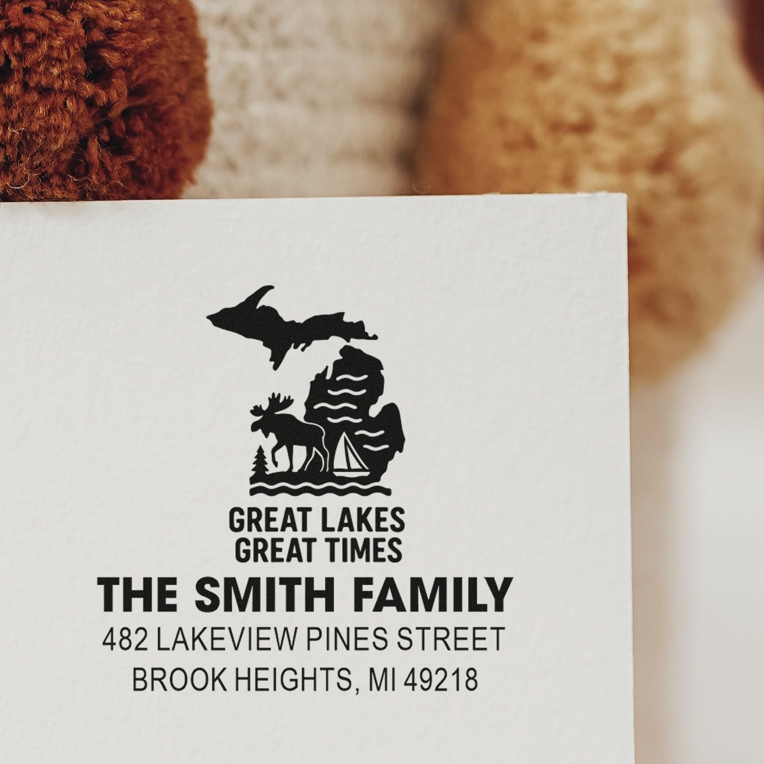 Custom Great Lakes family address rubber stamp with Michigan map, moose, sailboat, and The Smith Family return address.