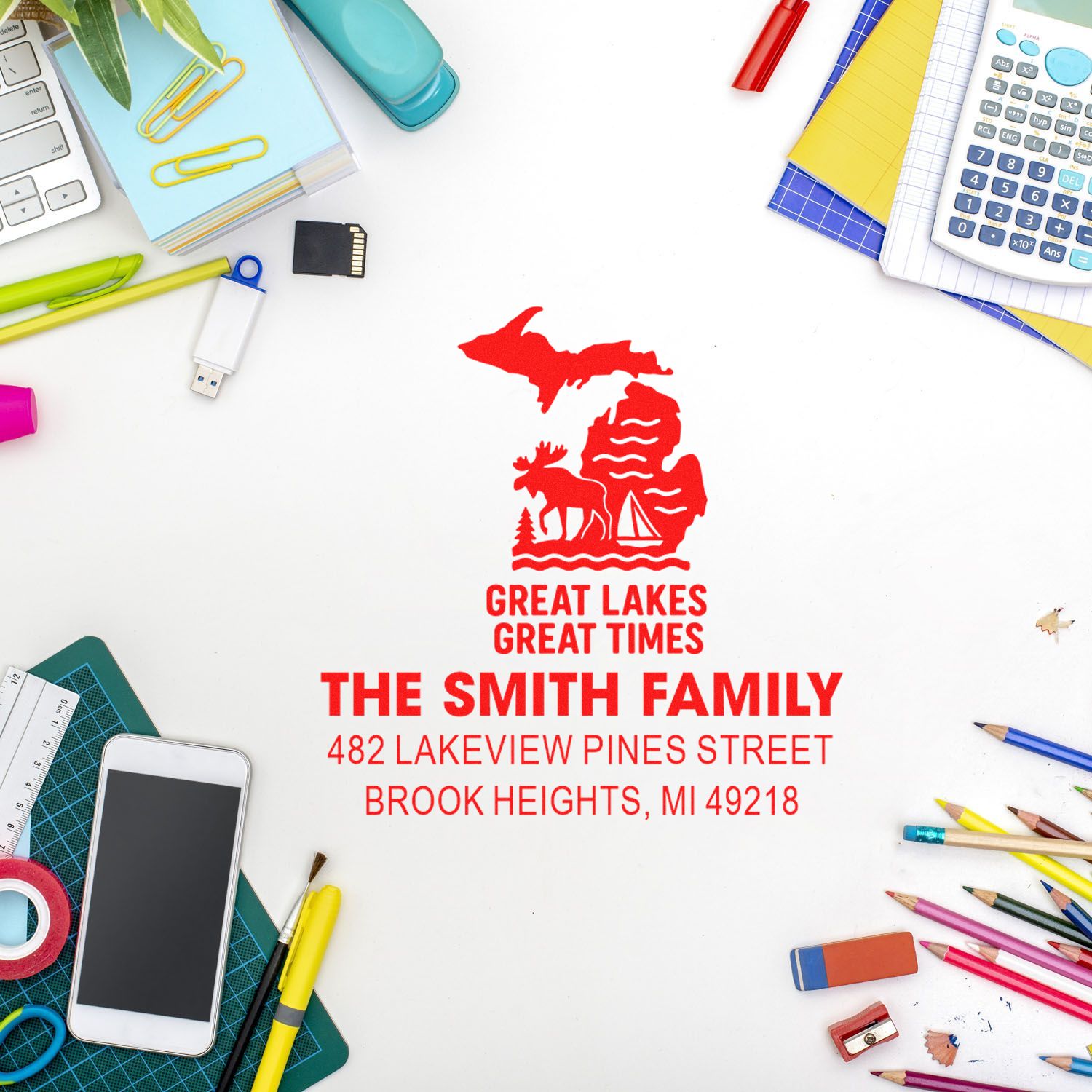 Custom return address rubber stamp for The Smith Family with Great Lakes logo and mailing address.