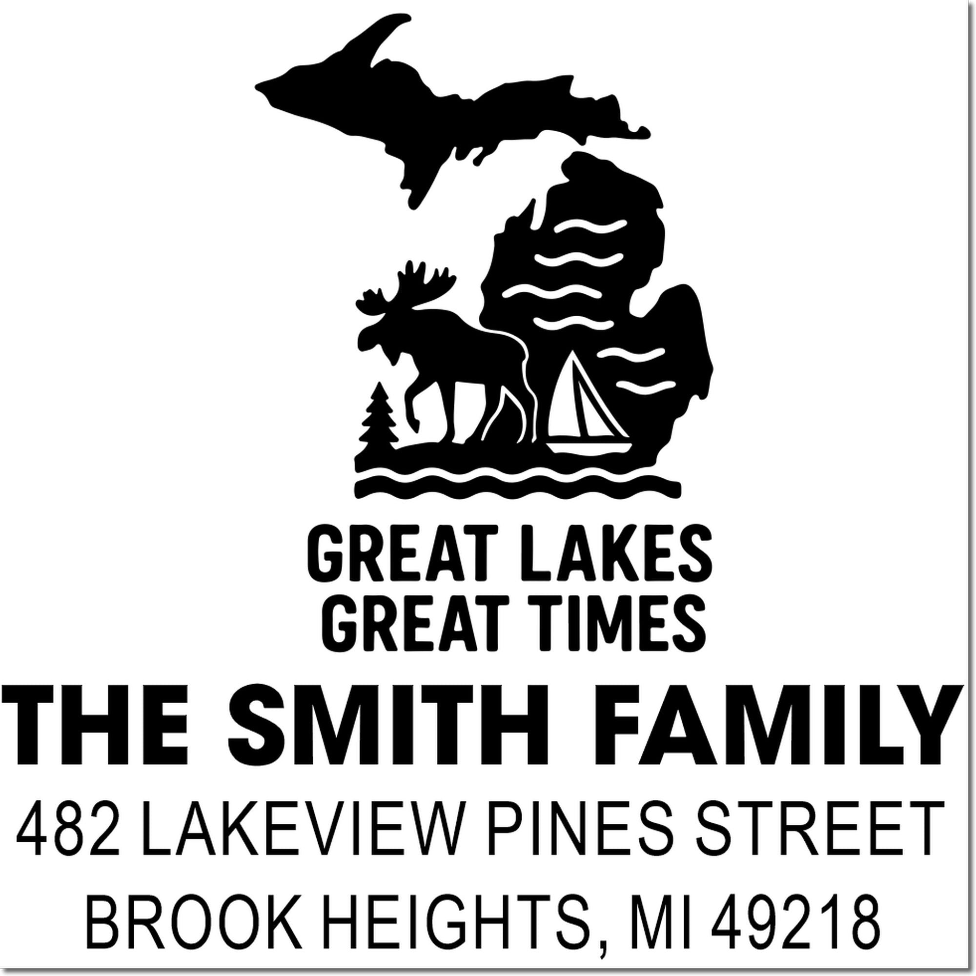 Custom return address rubber stamp featuring Michigan Great Lakes design for The Smith Family, Brook Heights, MI 49218.