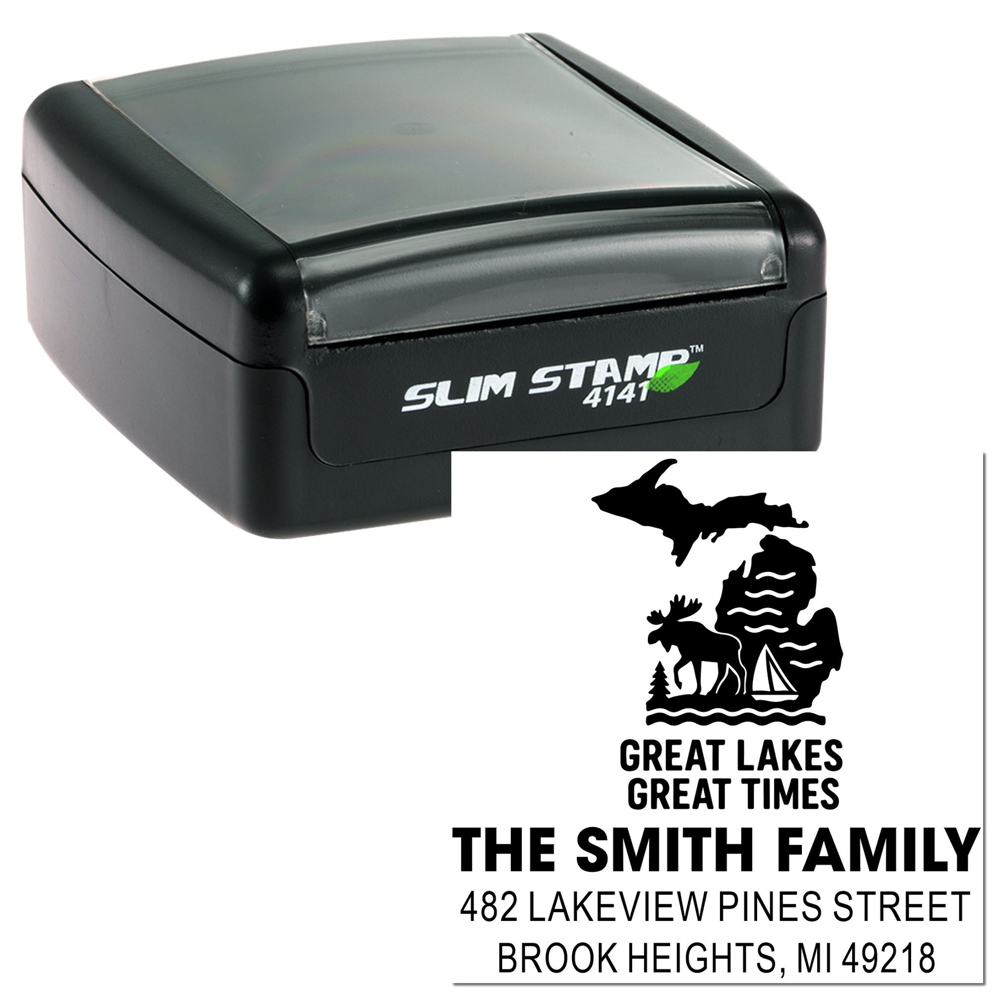Custom self-inking rubber stamp for a Michigan return address, featuring The Smith Family Great Lakes design.