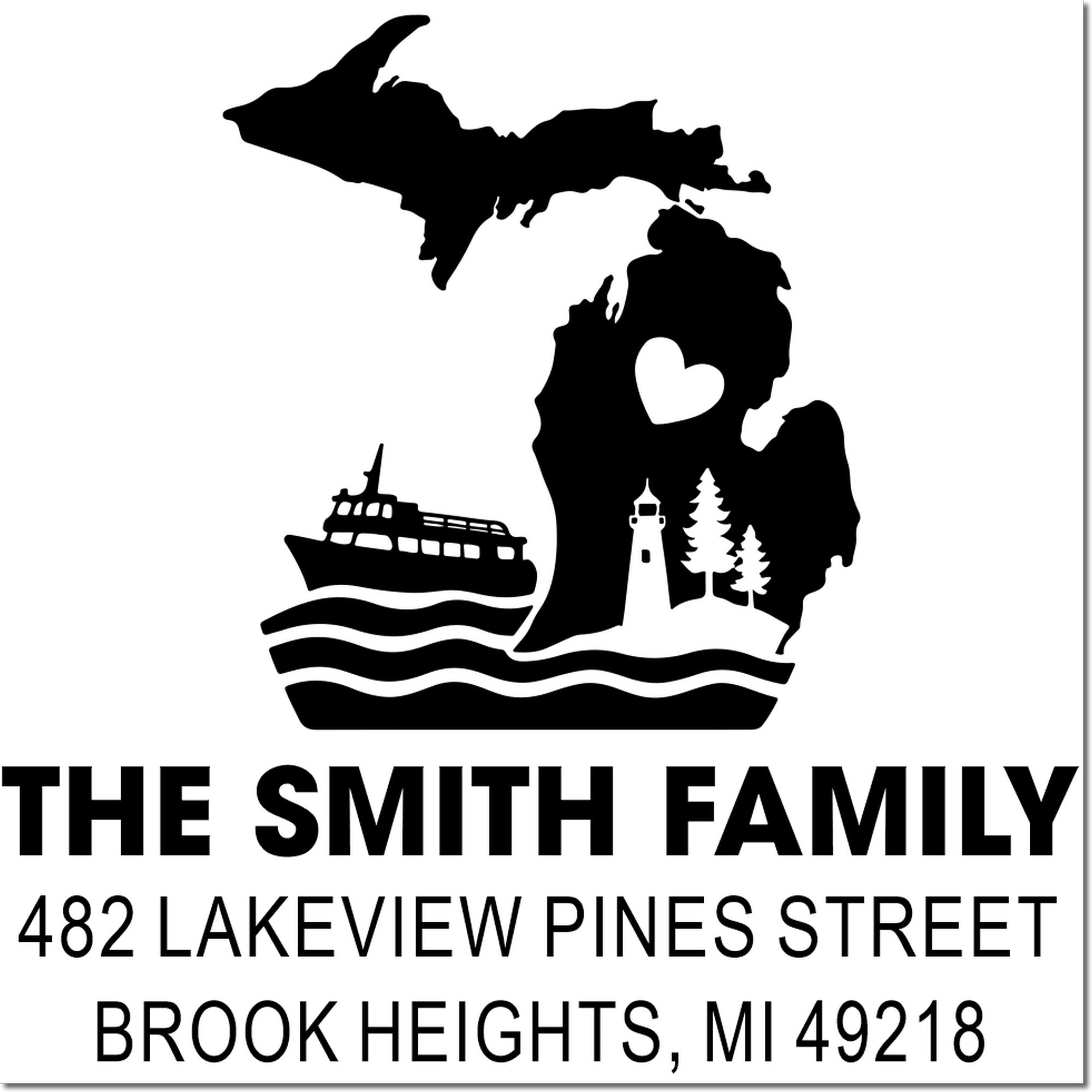 Custom Michigan family address rubber stamp for The Smith Family with state silhouette, lighthouse, boat, and personalized address.