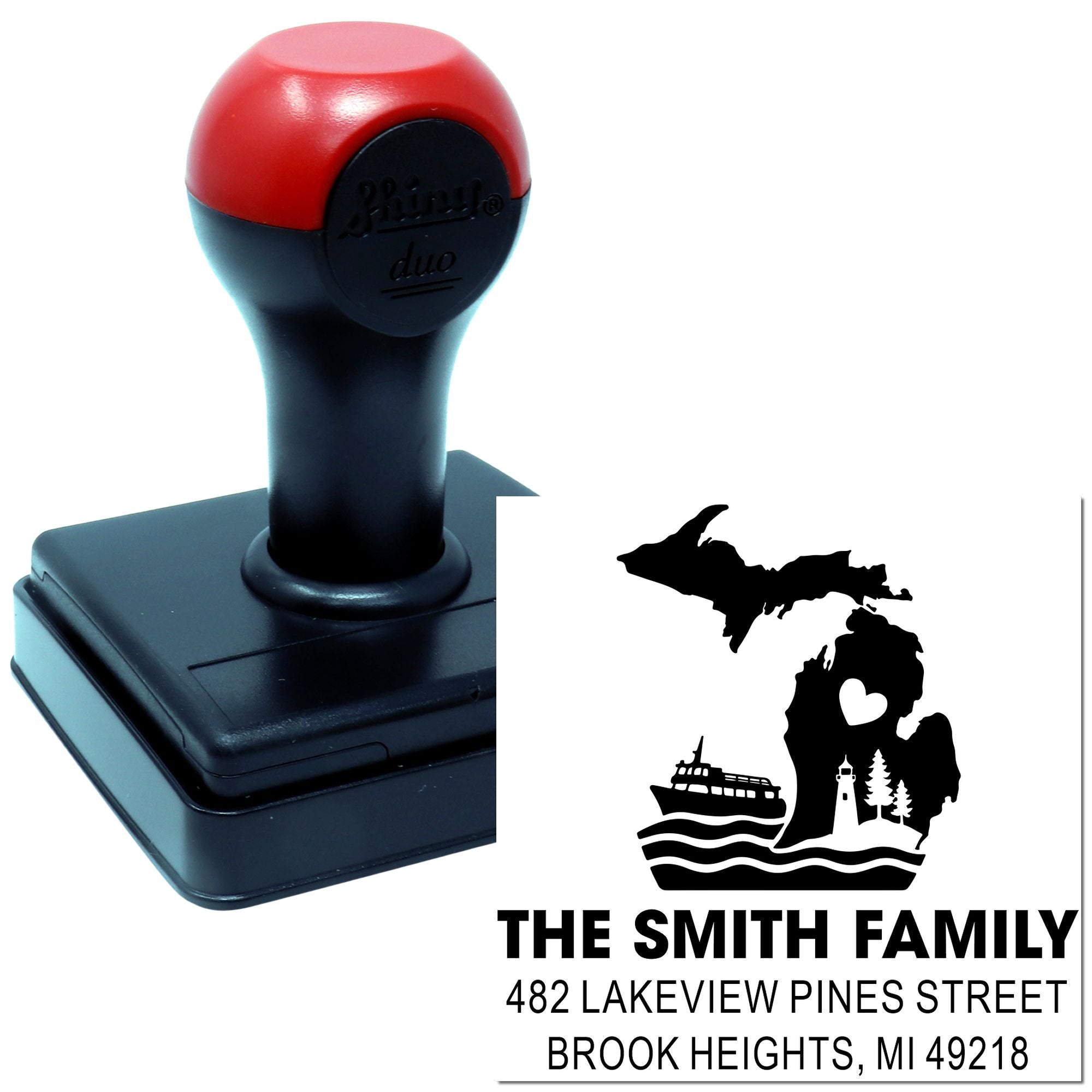 Custom self-inking address stamp for The Smith Family, featuring Michigan silhouette and return address in Brook Heights, MI.
