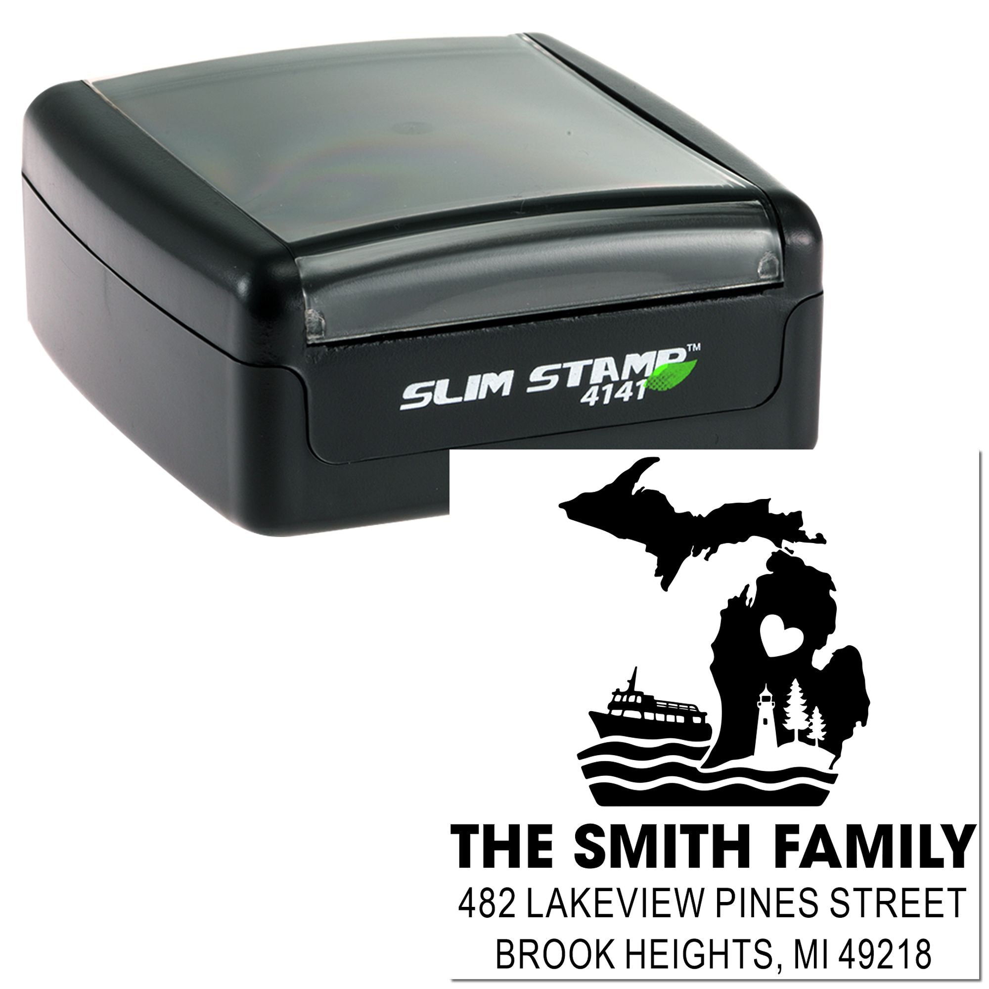 Custom Michigan family return address rubber stamp in Slim Stamp 4141 self-inking case