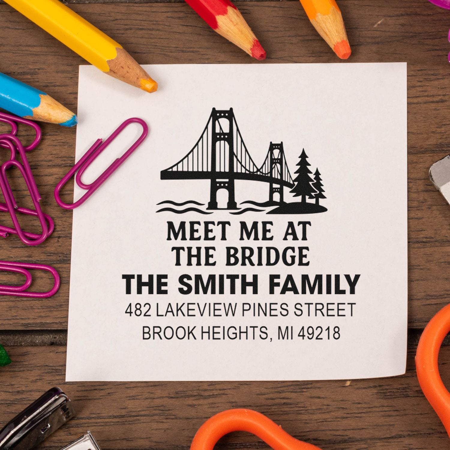 Custom rubber return address stamp with bridge design, ideal for personalized mail, envelopes, and family stationery.