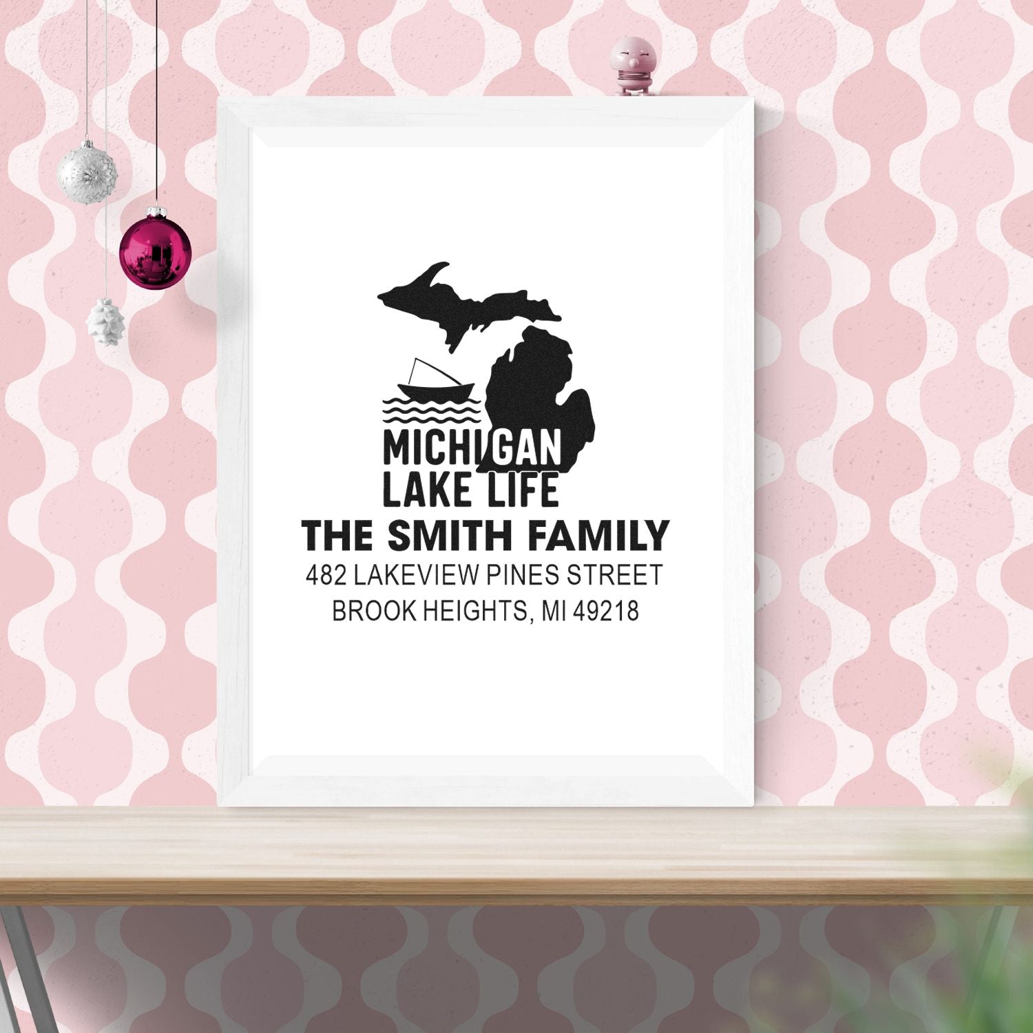 Personalized Michigan Lake Life address rubber stamp for The Smith Family with lake house design.