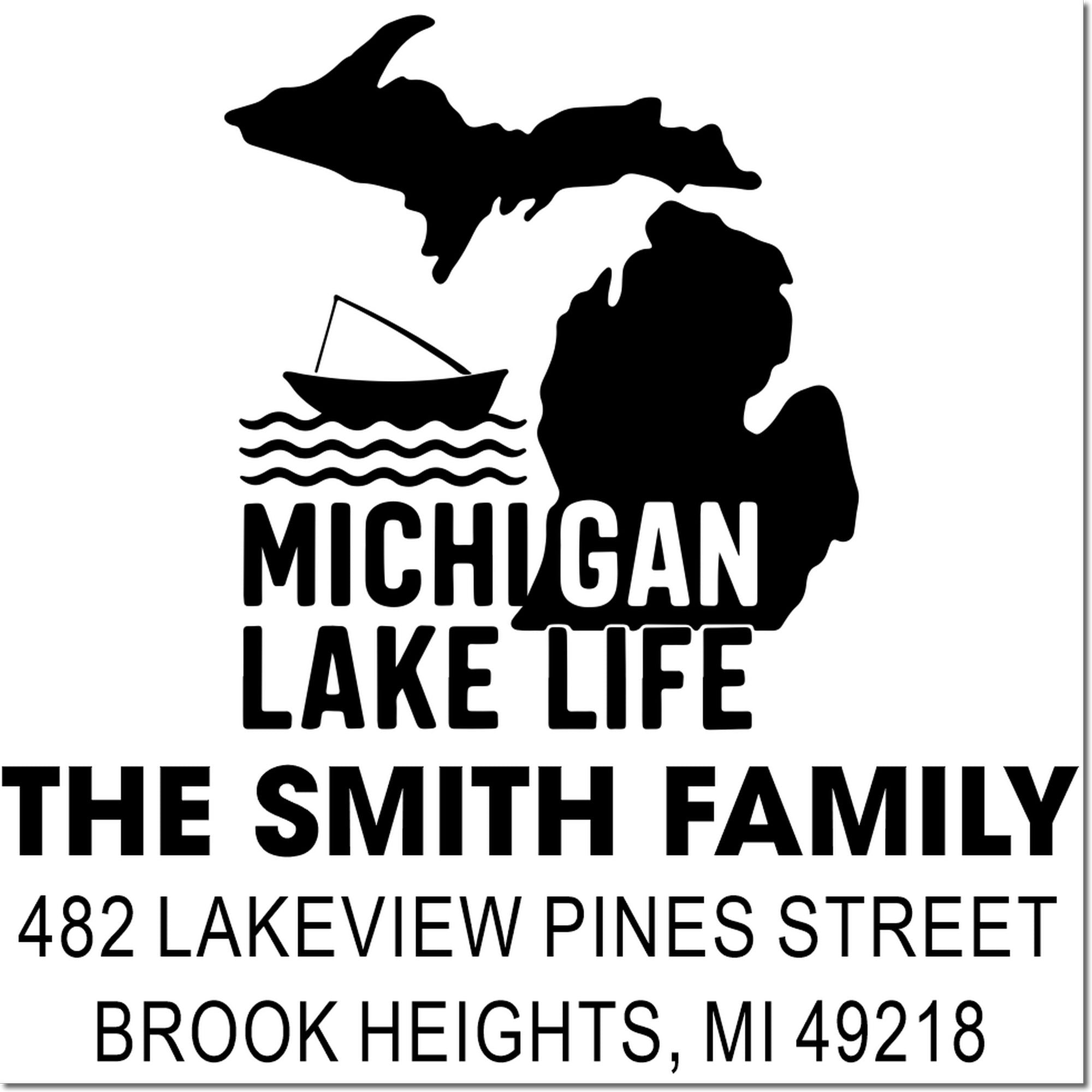 Custom Michigan Lake Life family address rubber stamp with state silhouette, boat, and Brook Heights, MI.