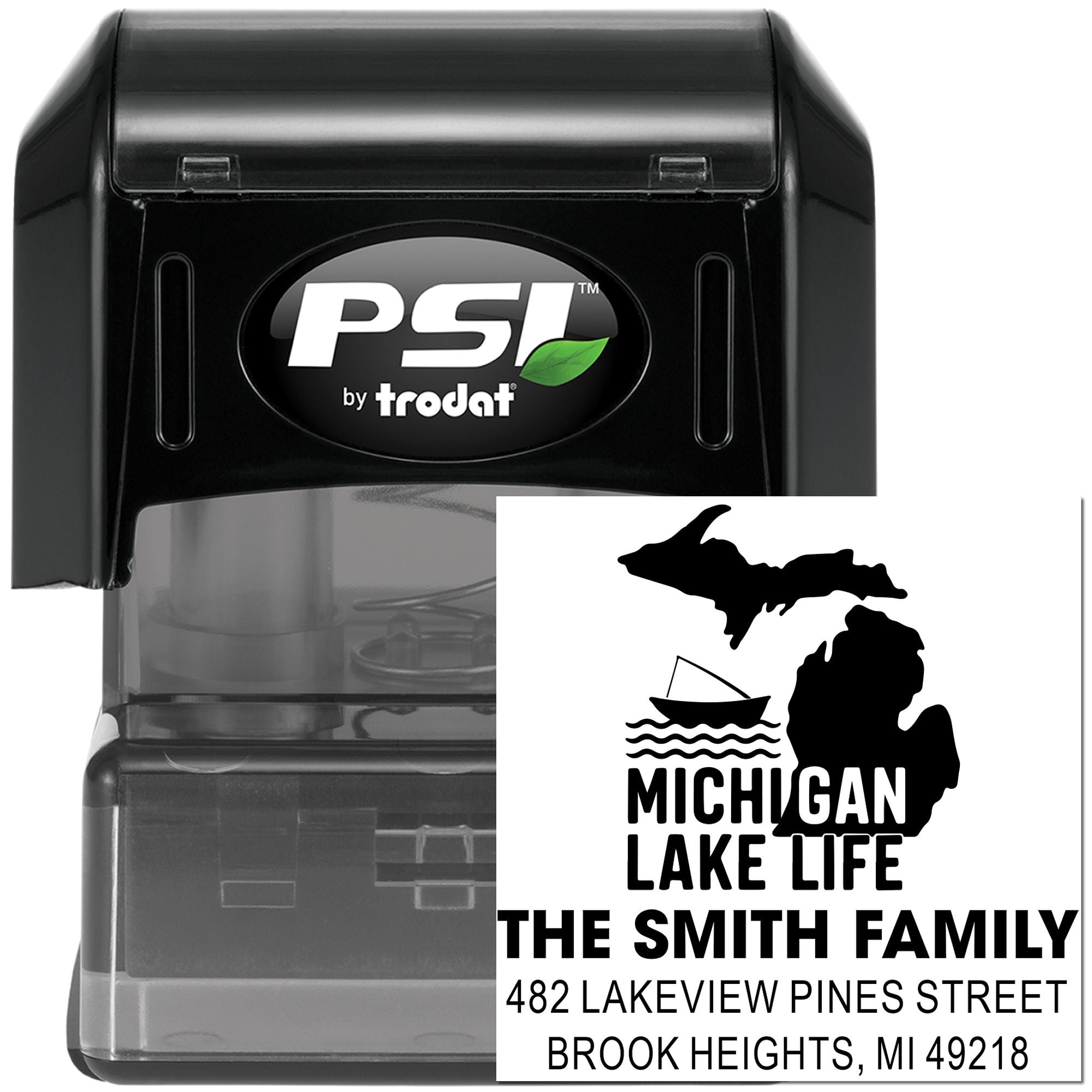 Custom self-inking rubber address stamp with Michigan Lake Life design and family name for personalized home mailing.