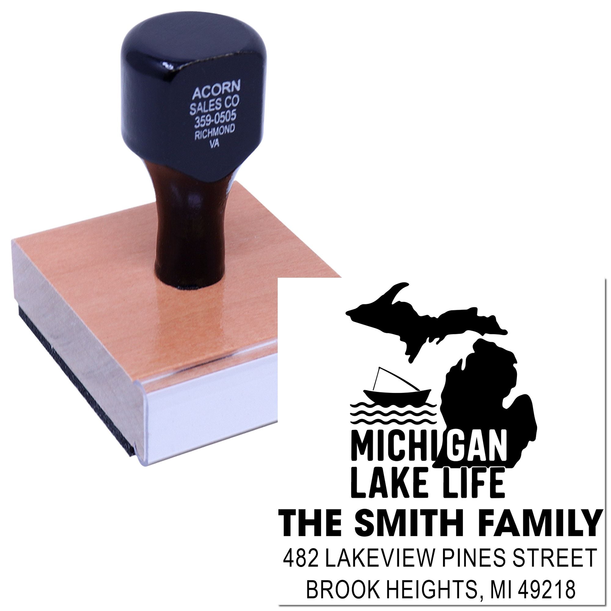 Custom Michigan Lake Life return address rubber stamp with family name and address design