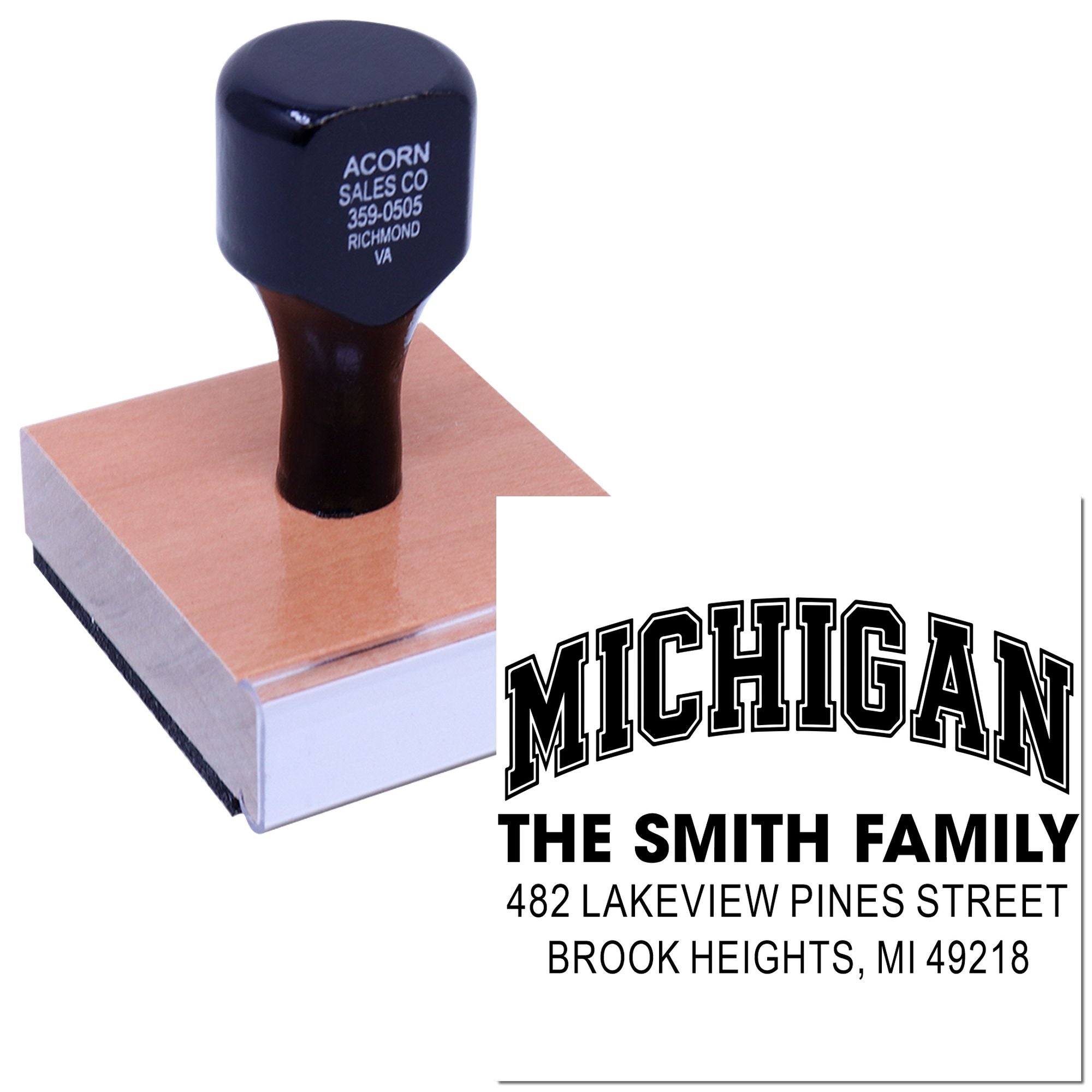 Custom Michigan address rubber stamp for The Smith Family, featuring name and mailing address for personalized envelopes.