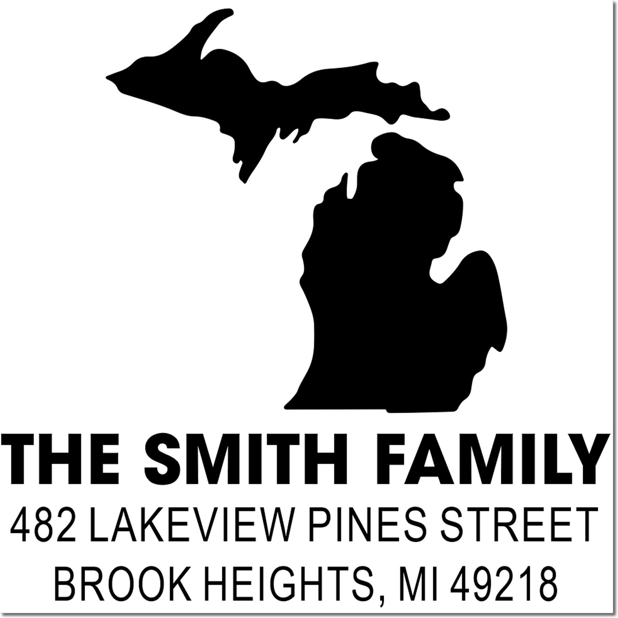 Custom Michigan family address rubber stamp for The Smith Family, 482 Lakeview Pines Street, Brook Heights, MI 49218