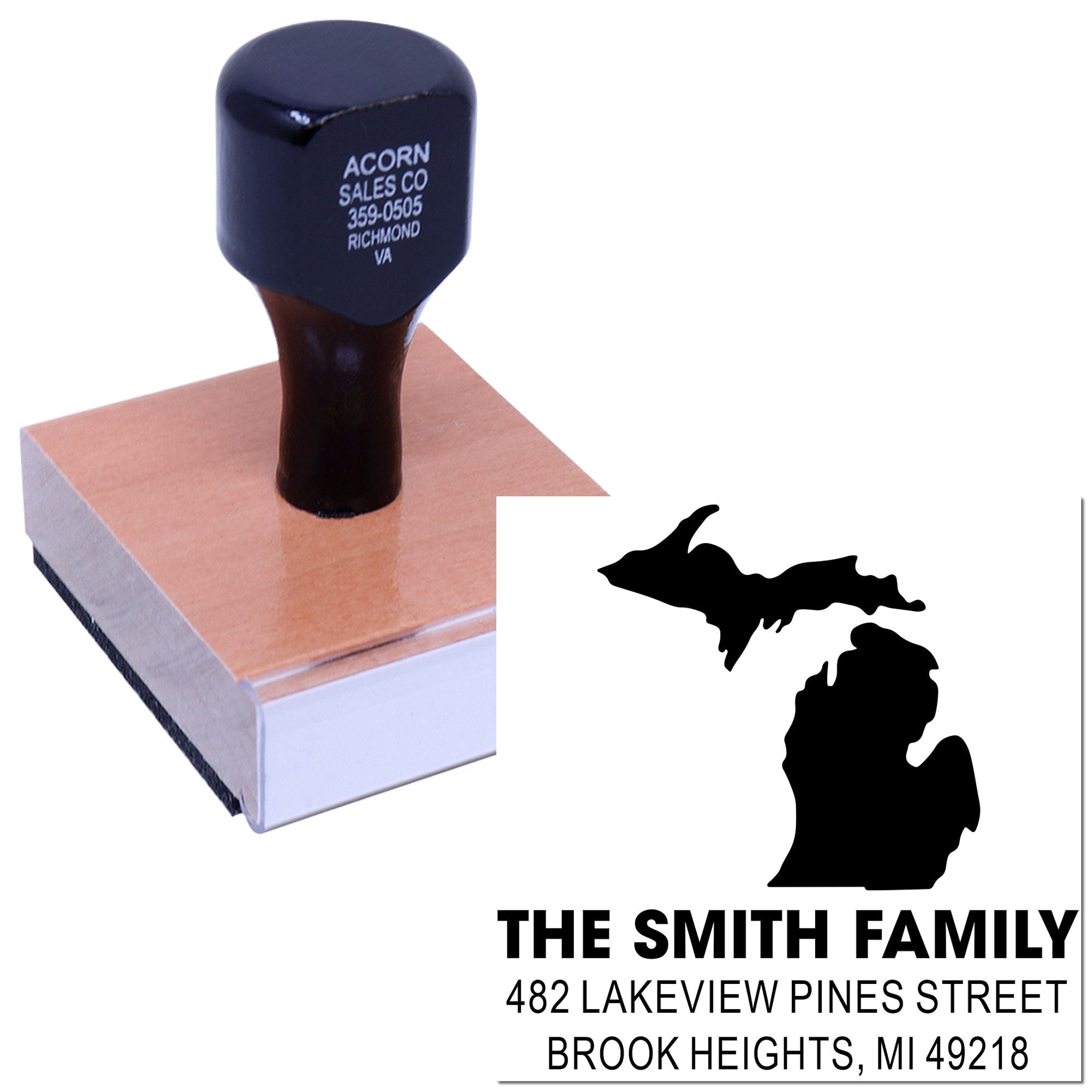 Custom return address rubber stamp with Michigan silhouette, family name, and address for envelope labeling.