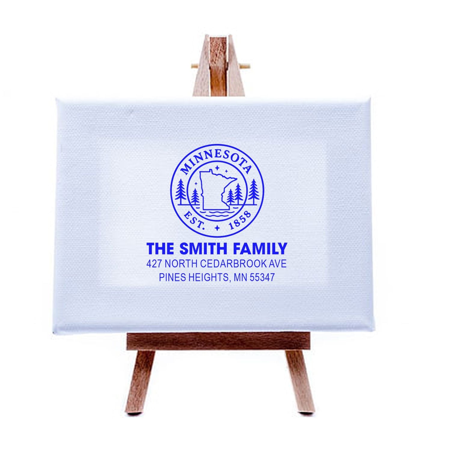 Custom Minnesota family address rubber stamp with state seal, name, and mailing address for personalized stationery.