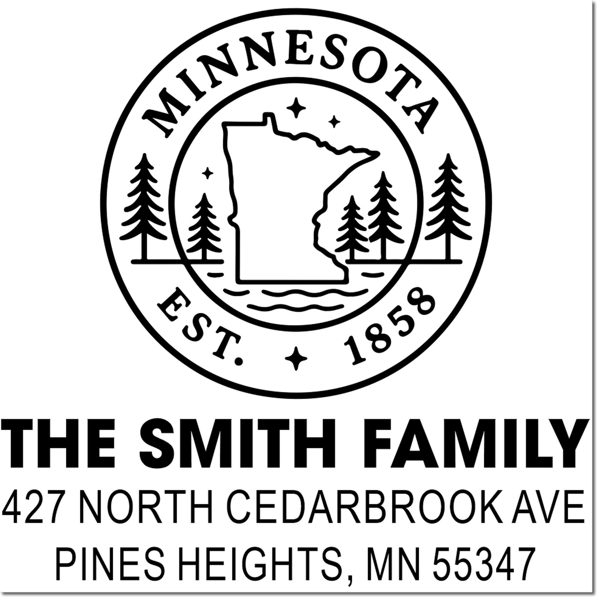 Custom Minnesota rubber stamp with family name, address, and state seal design for personalized return addresses.