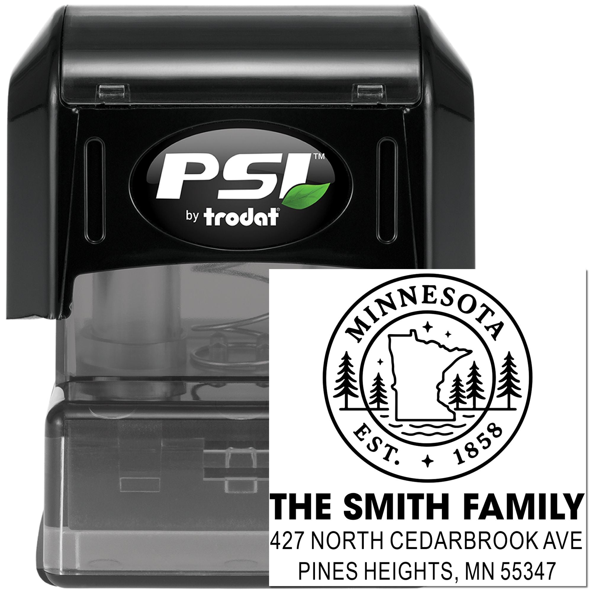 Custom self-inking rubber stamp by Trodat with Minnesota family address design, ideal for personalized return address mailings and gifts.