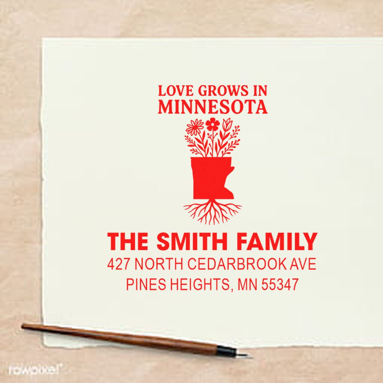 Custom Minnesota address rubber stamp with floral Love Grows in Minnesota design for the Smith family.