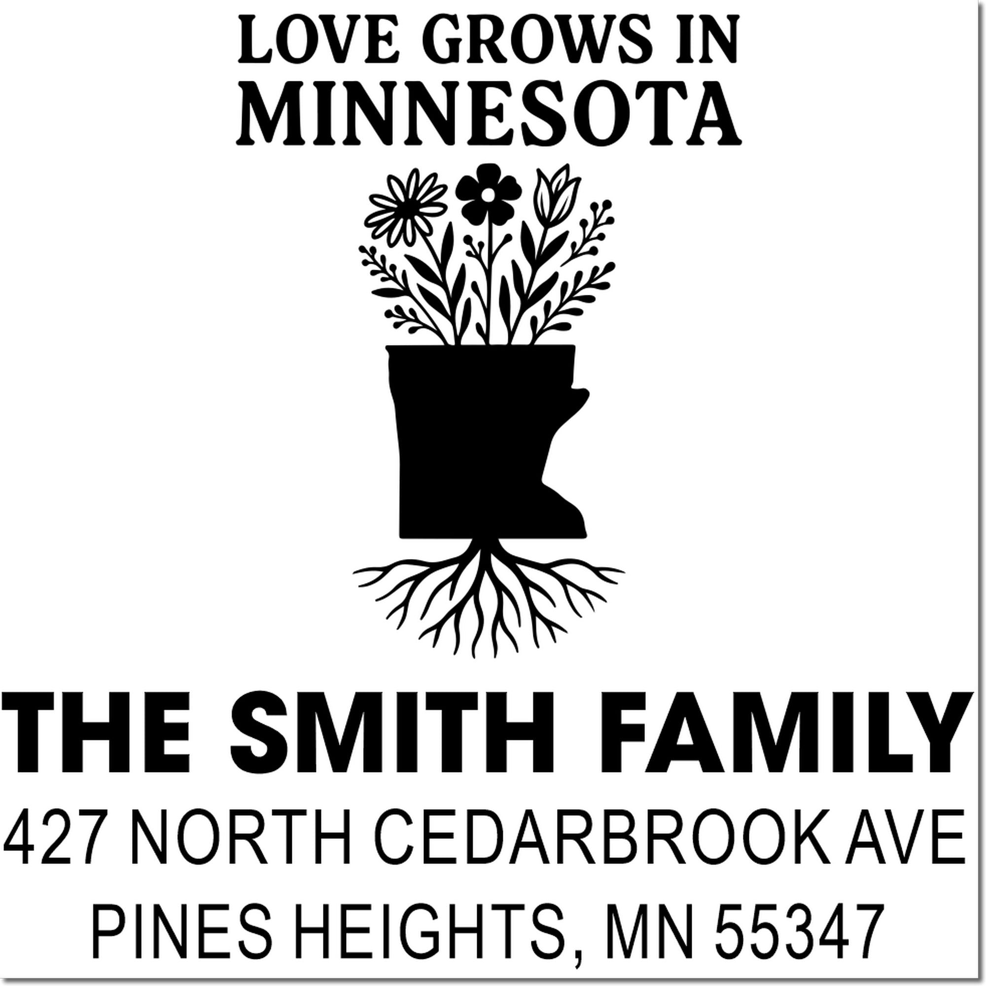 Custom Minnesota return address rubber stamp for The Smith Family, with floral state design and Pines Heights, MN address.