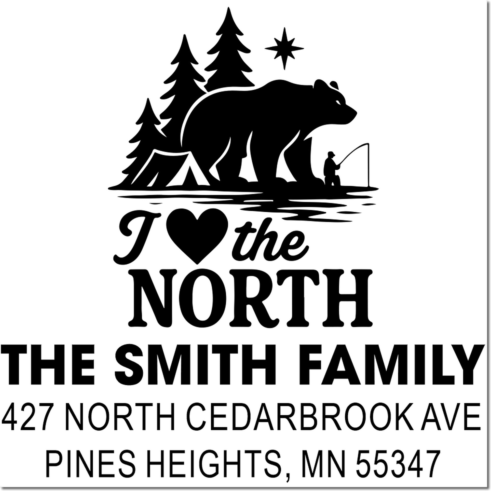 Custom return address rubber stamp for The Smith Family, Pines Heights, MN, with I ? the North bear and camping design.