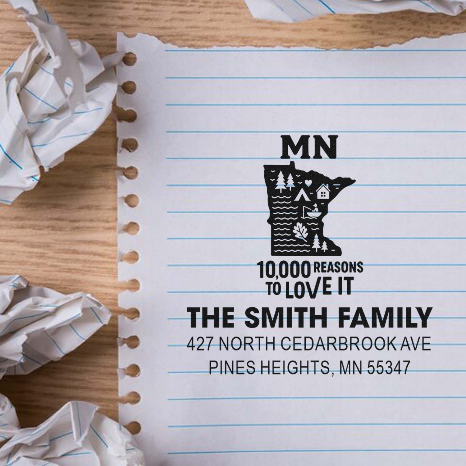 Custom Minnesota family address rubber stamp with state design, 10,000 Reasons to Love It, for personalized return mail.