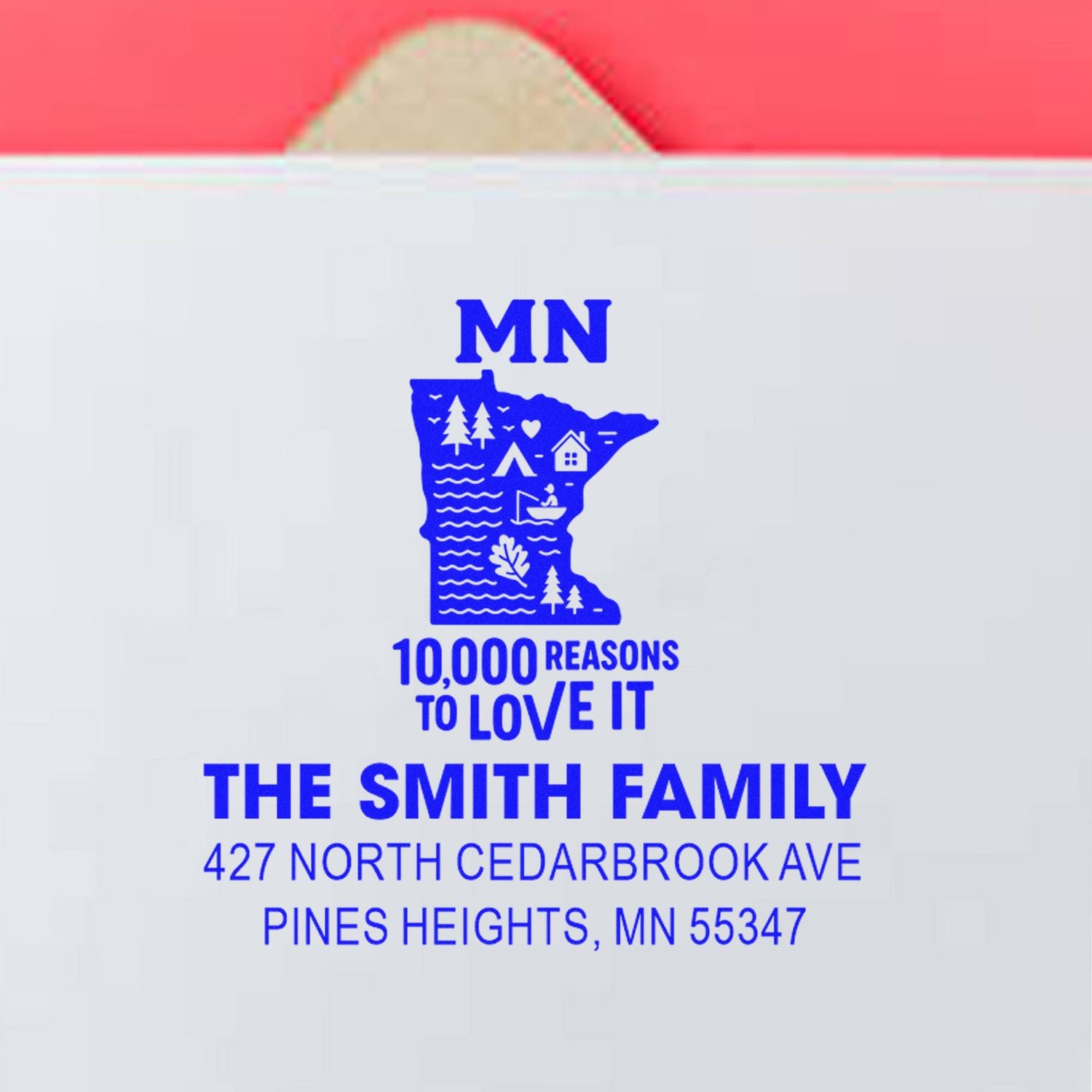 Custom Minnesota return address rubber stamp for The Smith Family, featuring state outline, address, and outdoor icons.