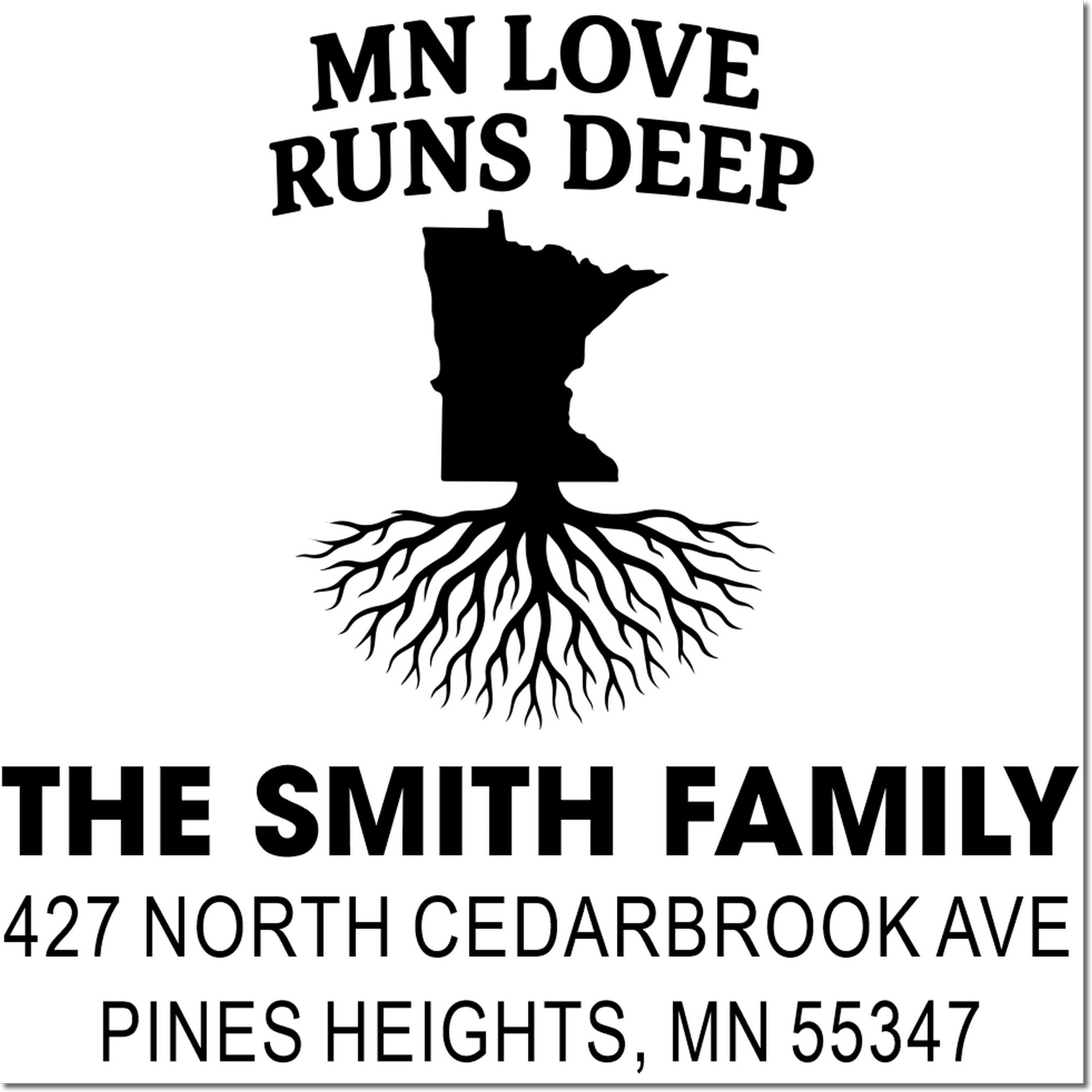 Custom Minnesota family address rubber stamp with roots design, The Smith Family, and Pines Heights, MN address.