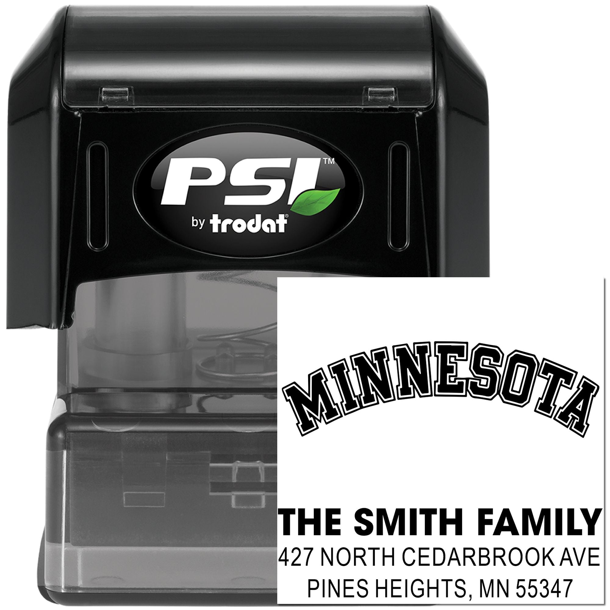 PSI by Trodat self-inking custom return address rubber stamp with Minnesota family name and address imprint
