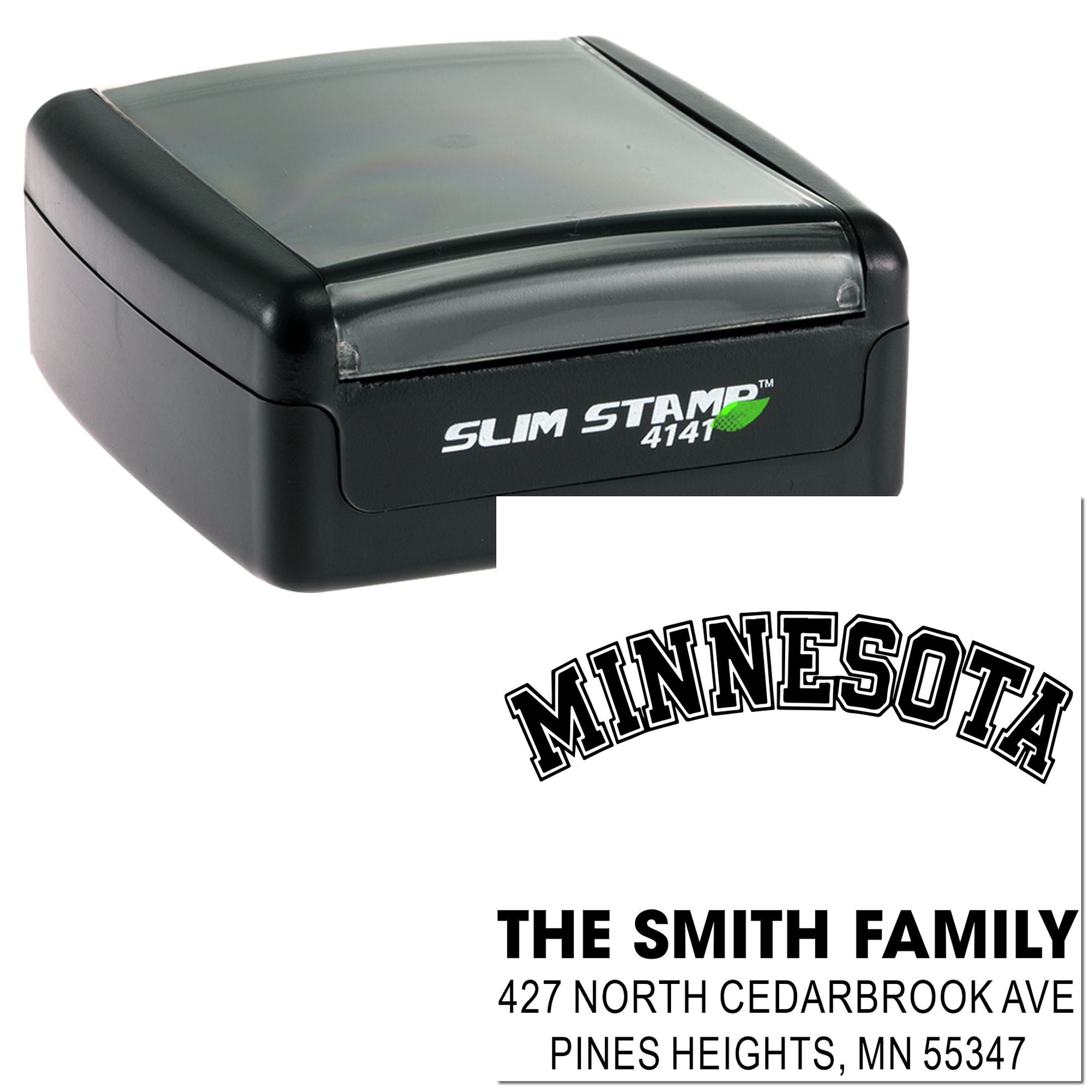 Custom Slim Stamp 4141 self-inking rubber stamp showing Minnesota family name and address imprint sample