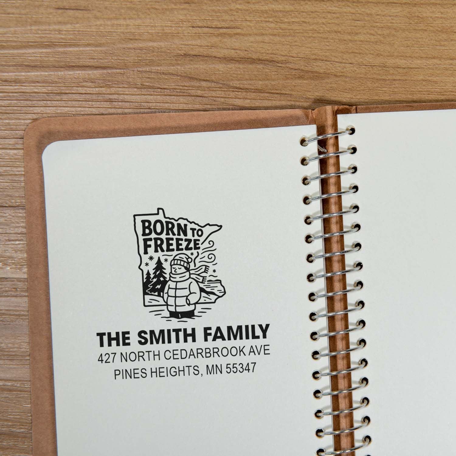 Custom rubber stamp for winter-themed return address, with Born to Freeze design, The Smith Family name, and Minnesota address.