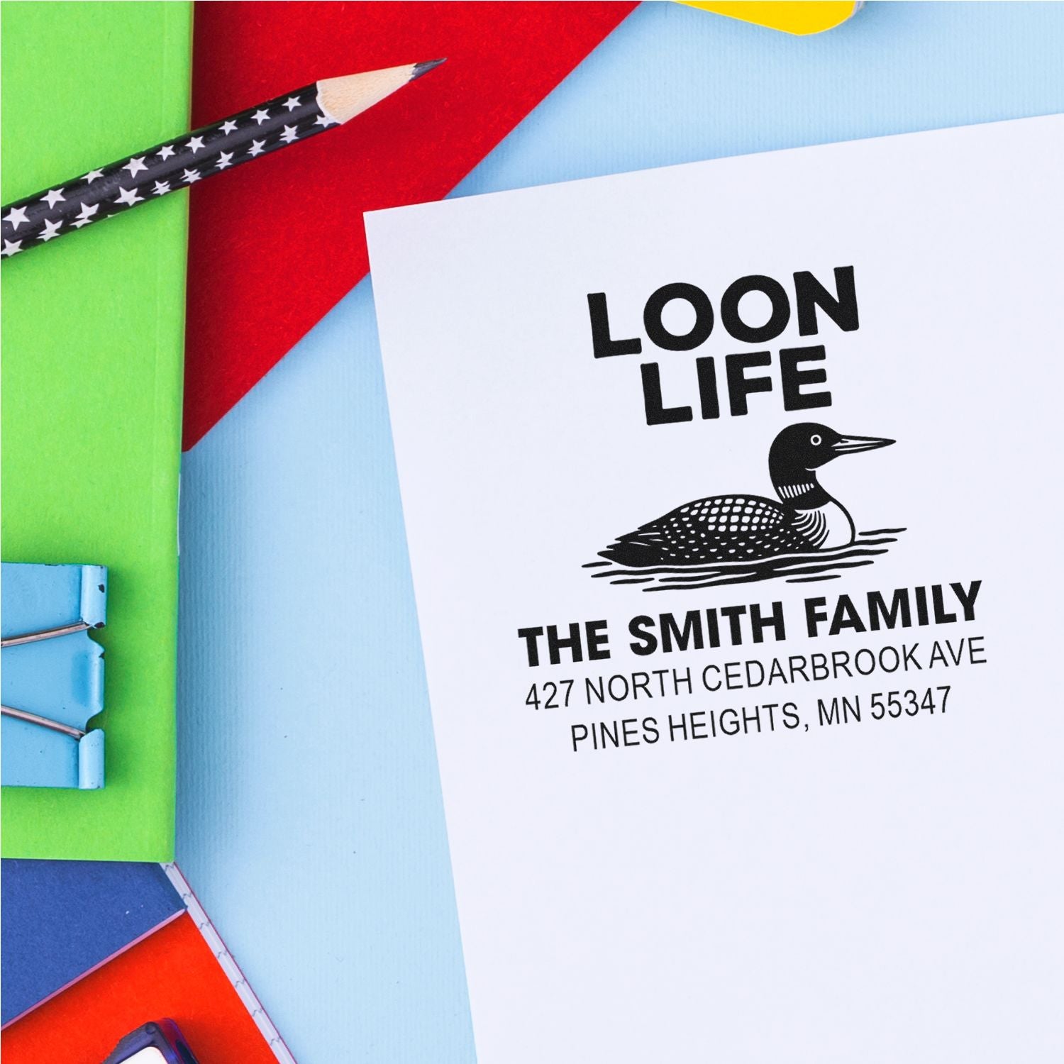 Personalized return address rubber stamp with loon graphic for The Smith Family.