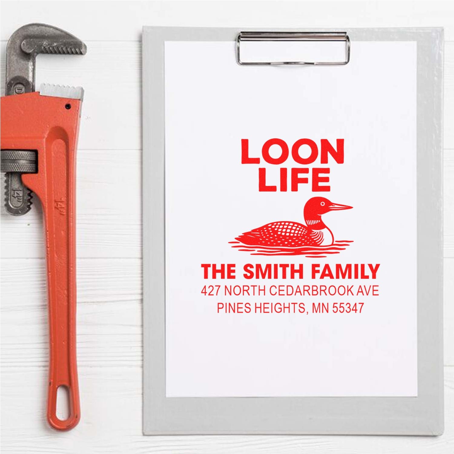Custom loon life return address rubber stamp for The Smith Family with personalized address and loon design.
