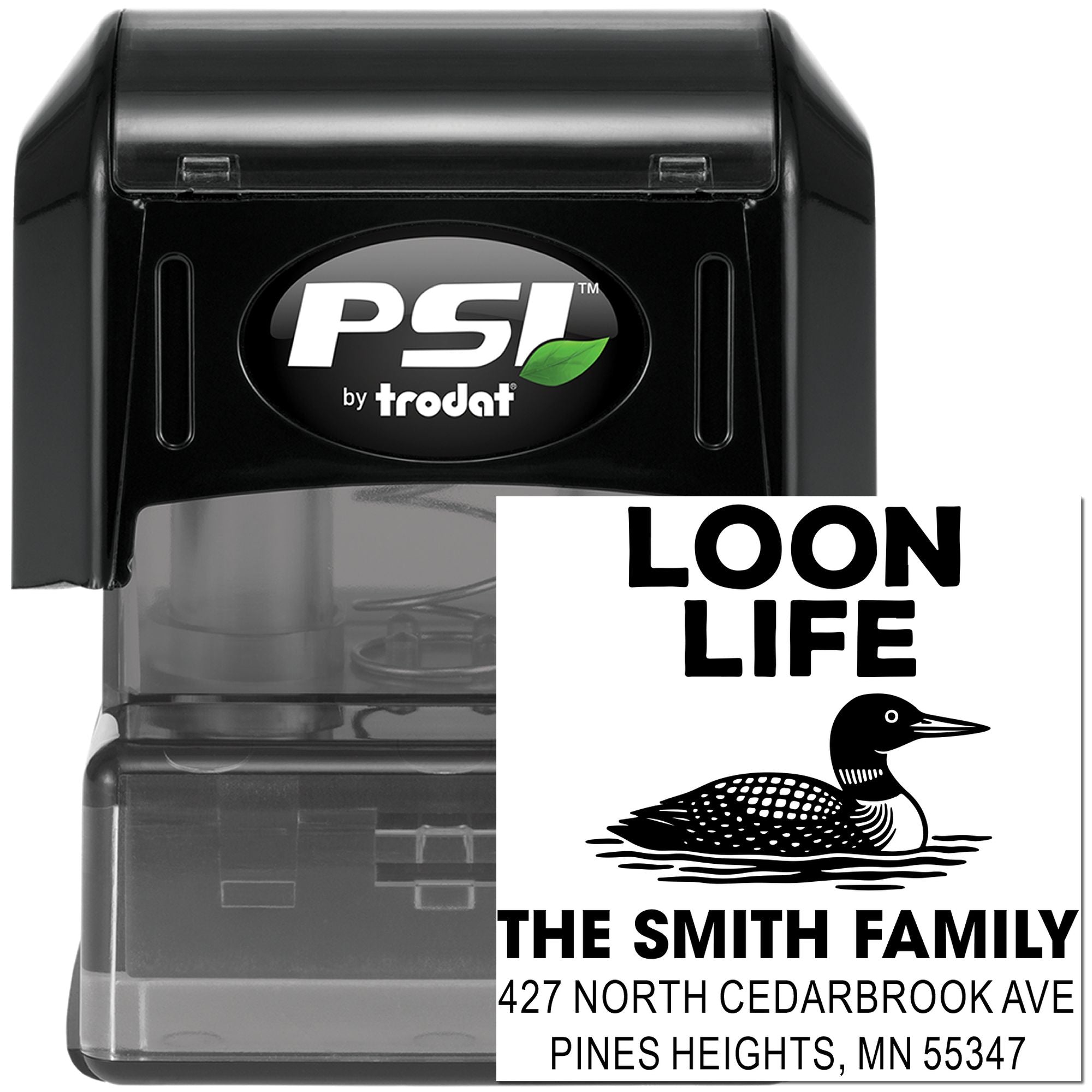 PSI by Trodat self-inking rubber stamp with custom loon address design for The Smith Family, ideal for personalized mail.