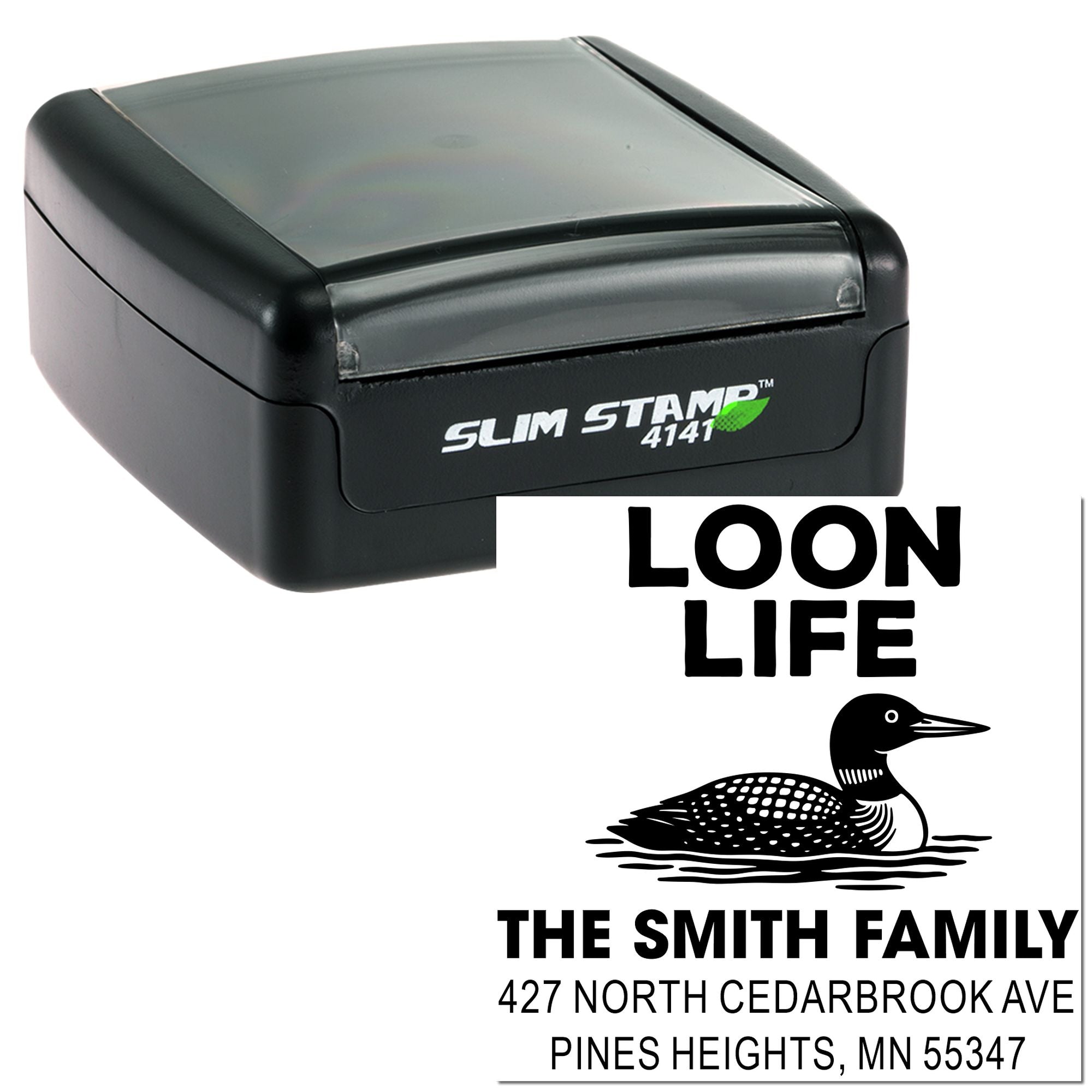 Personalized self-inking rubber stamp with Loon Life design and The Smith Family return address.
