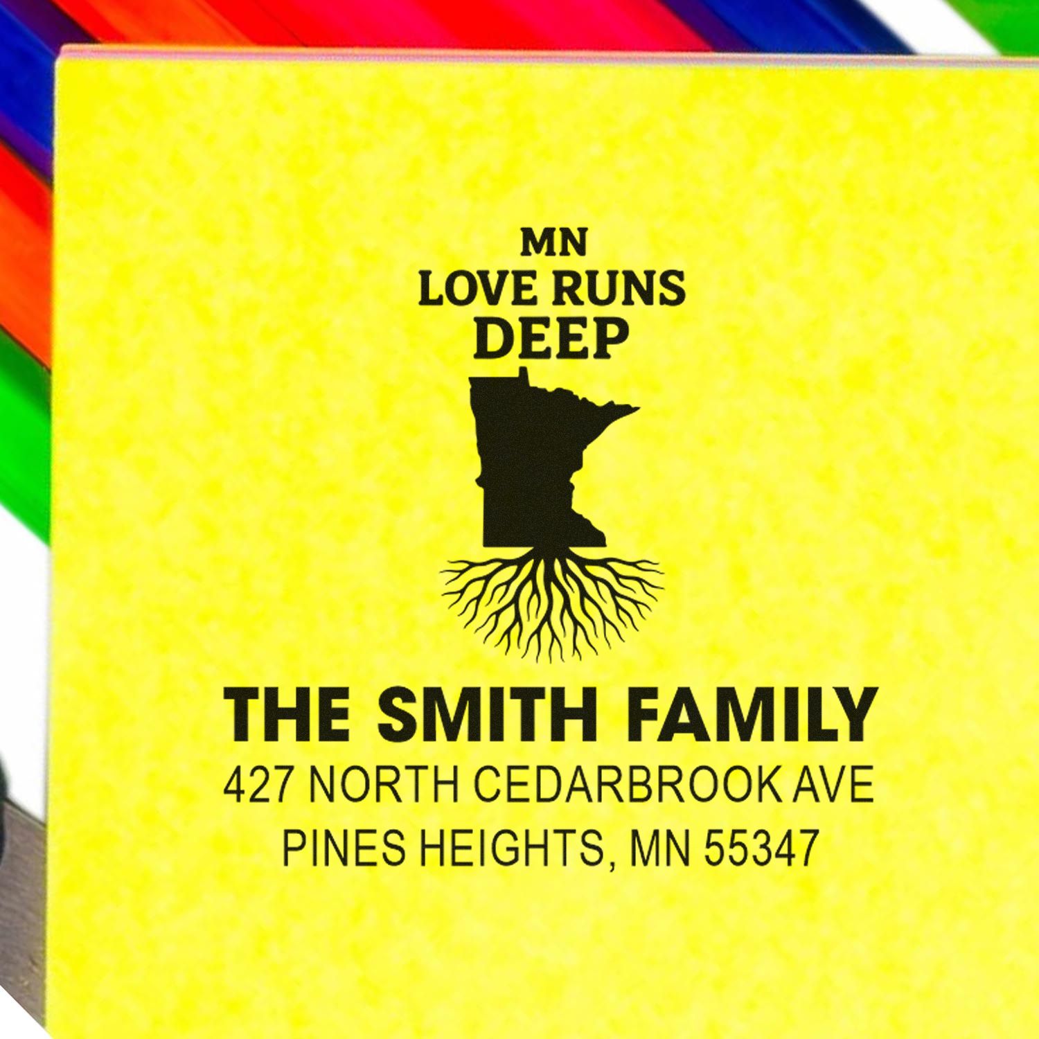 Custom Minnesota family address rubber stamp with state silhouette, roots, and Smith family name and address.