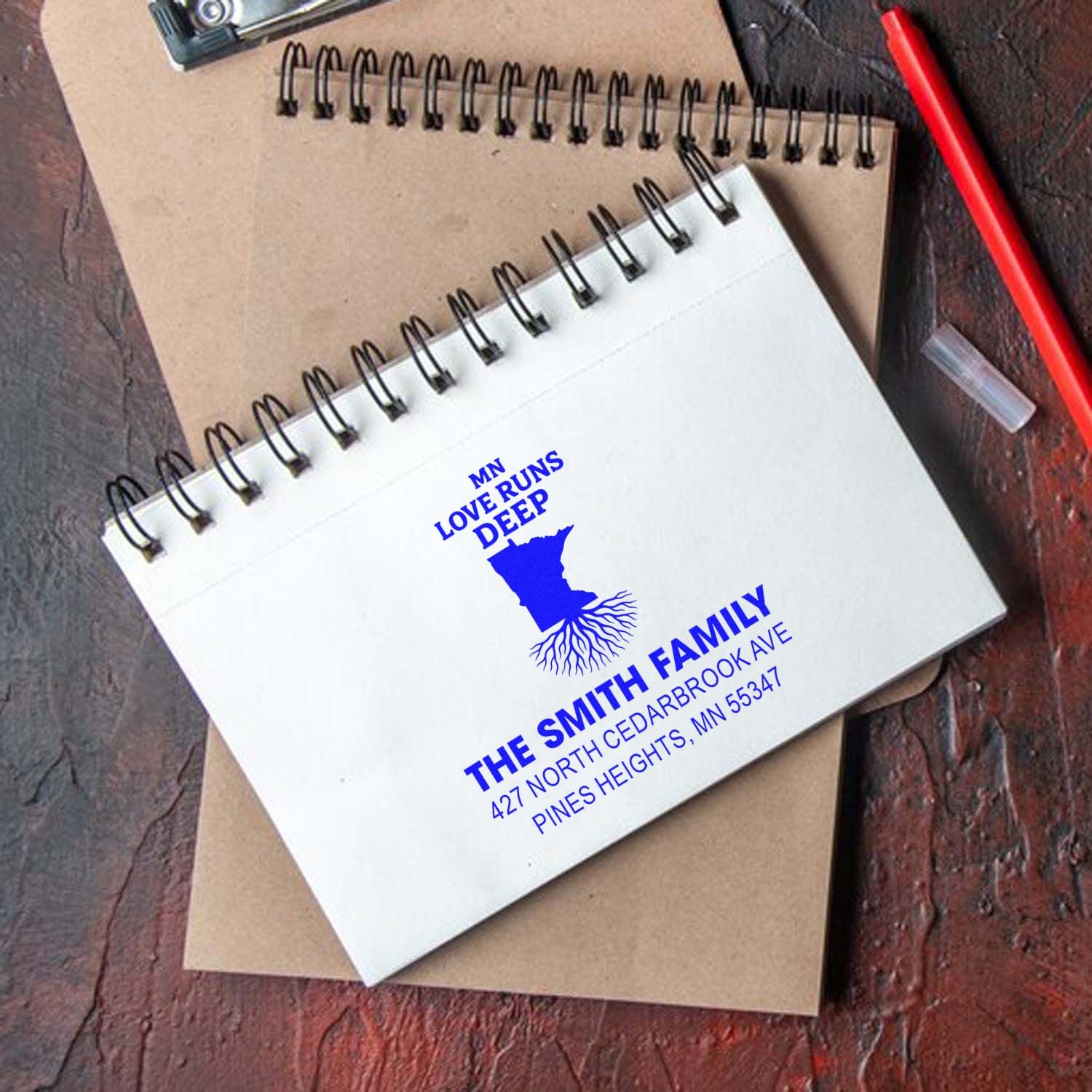 Personalized family return address rubber stamp with Minnesota Love Runs Deep design for stationery