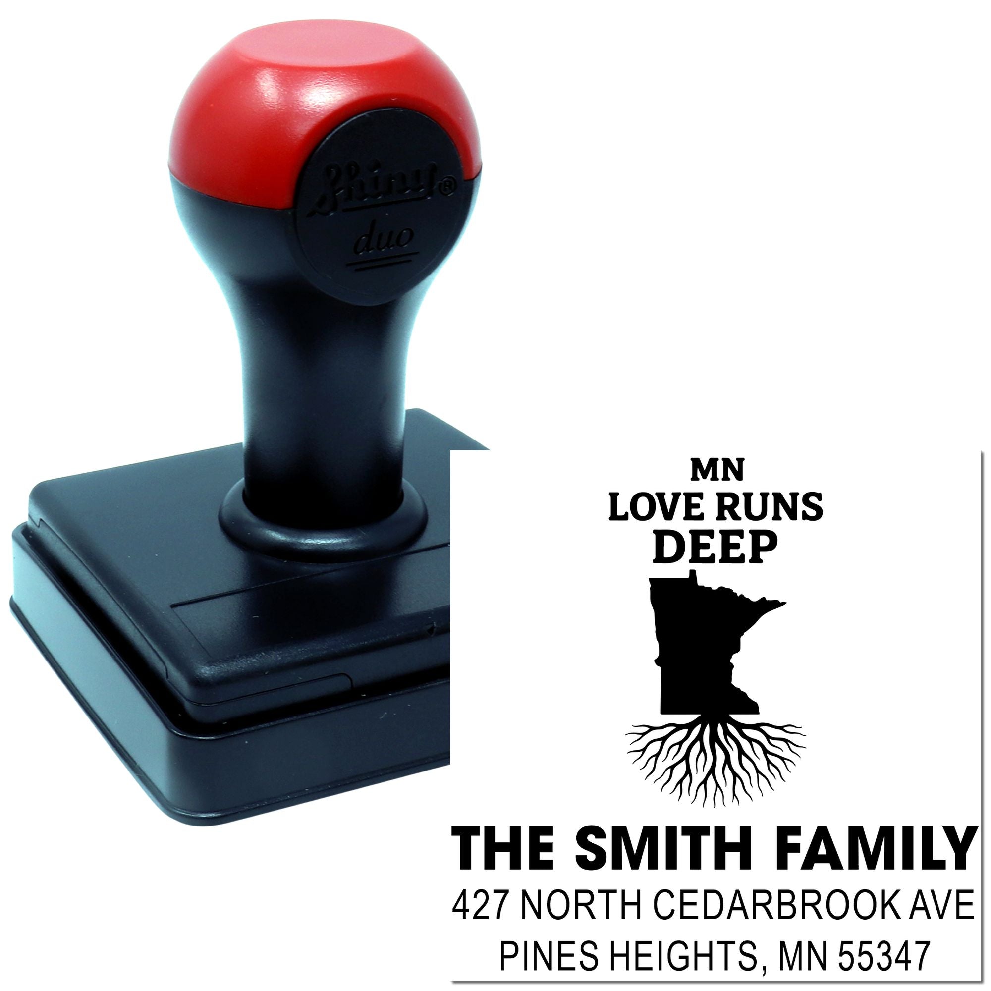 Custom Minnesota address rubber stamp with Love Runs Deep design for The Smith Family, Pines Heights, MN 55347.