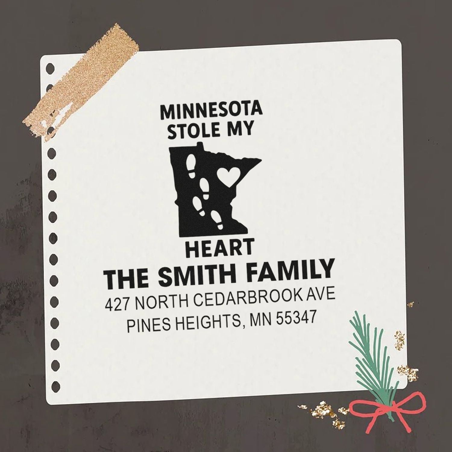 Custom Minnesota stole my heart address stamp for personalized mail, family stationery, and housewarming gifts.