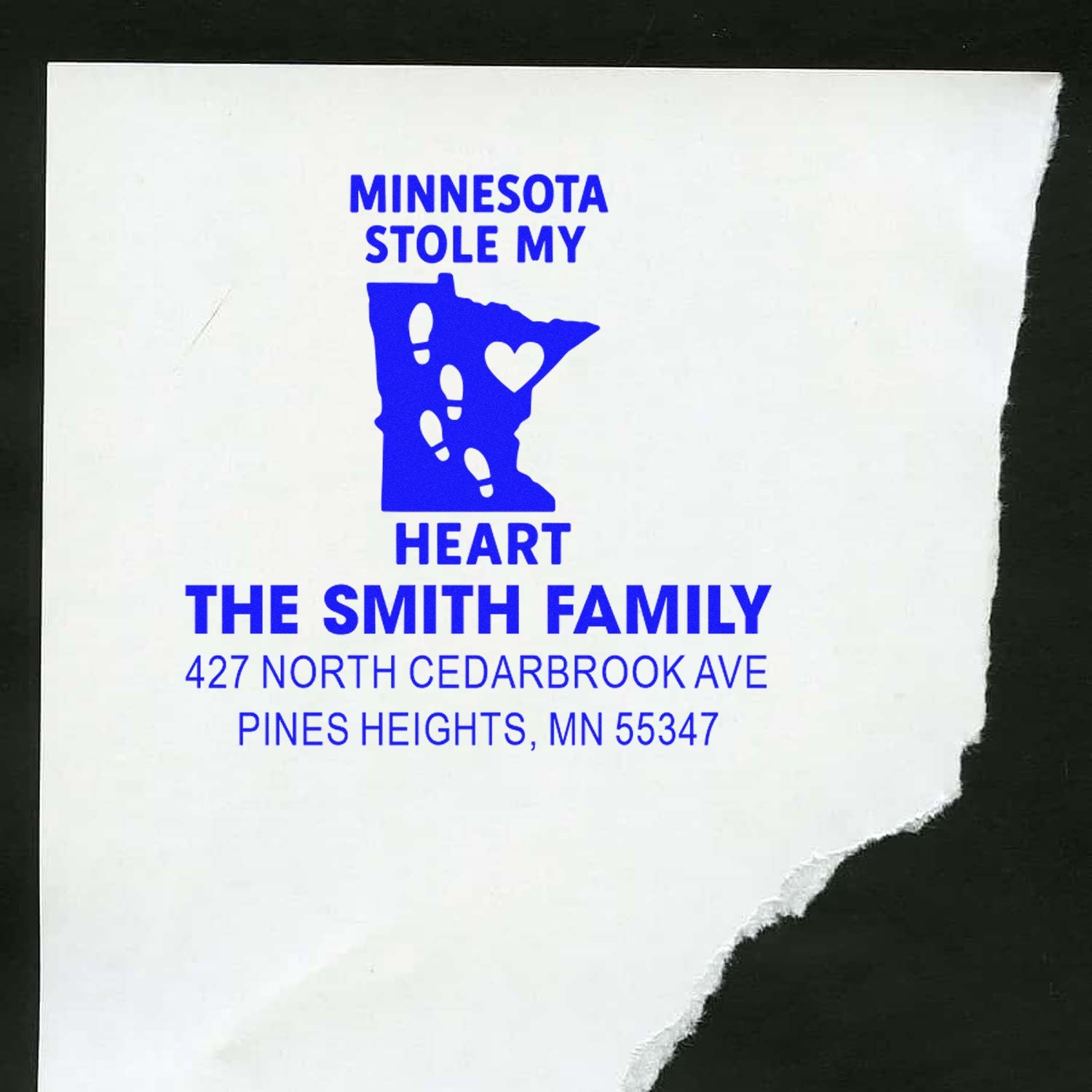 Custom Minnesota stole my heart rubber stamp with family name and return address for mailings.
